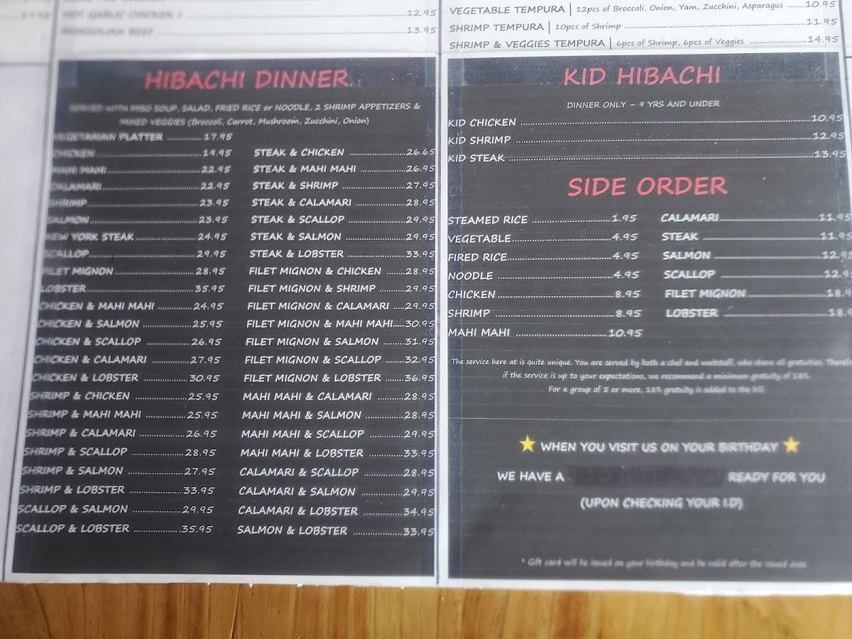 Menu at Mandolin Sushi & Japanese steak house restaurant,