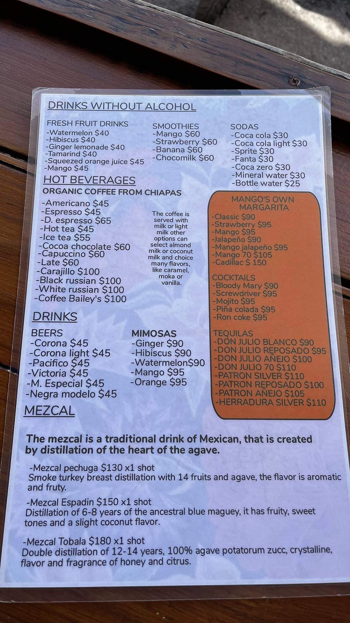 Menu at Mango Cafe, Isla Mujeres
