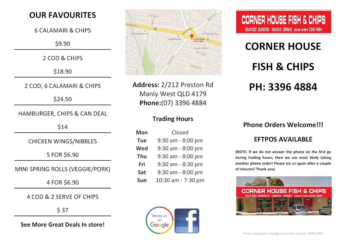 Menu at Corner House Fish & Chips restaurant, Manly West