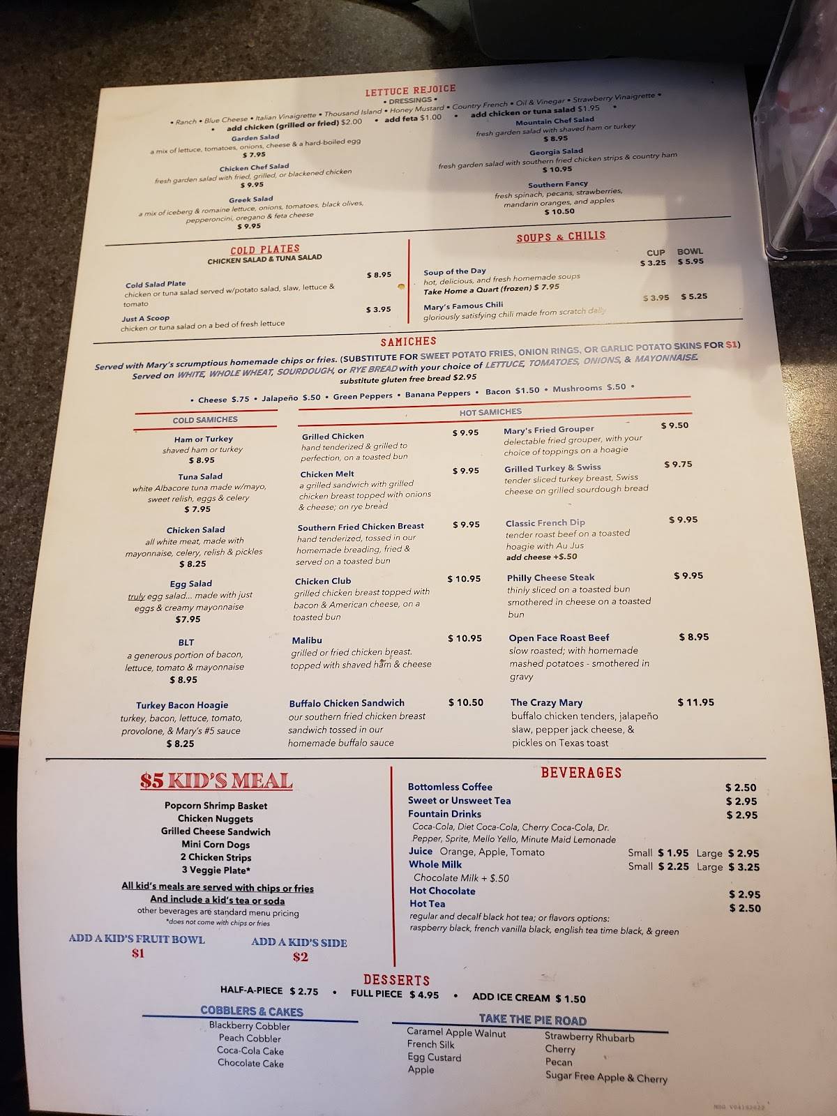Menu at Mary's Southern Grill restaurant, Young Harris