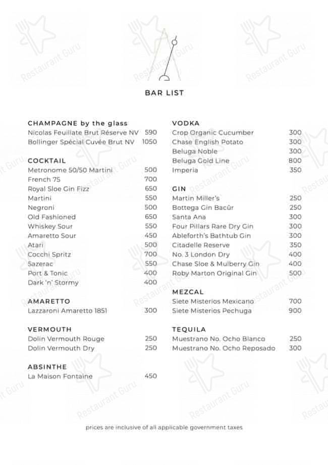 Menu at Metronome restaurant, Makati