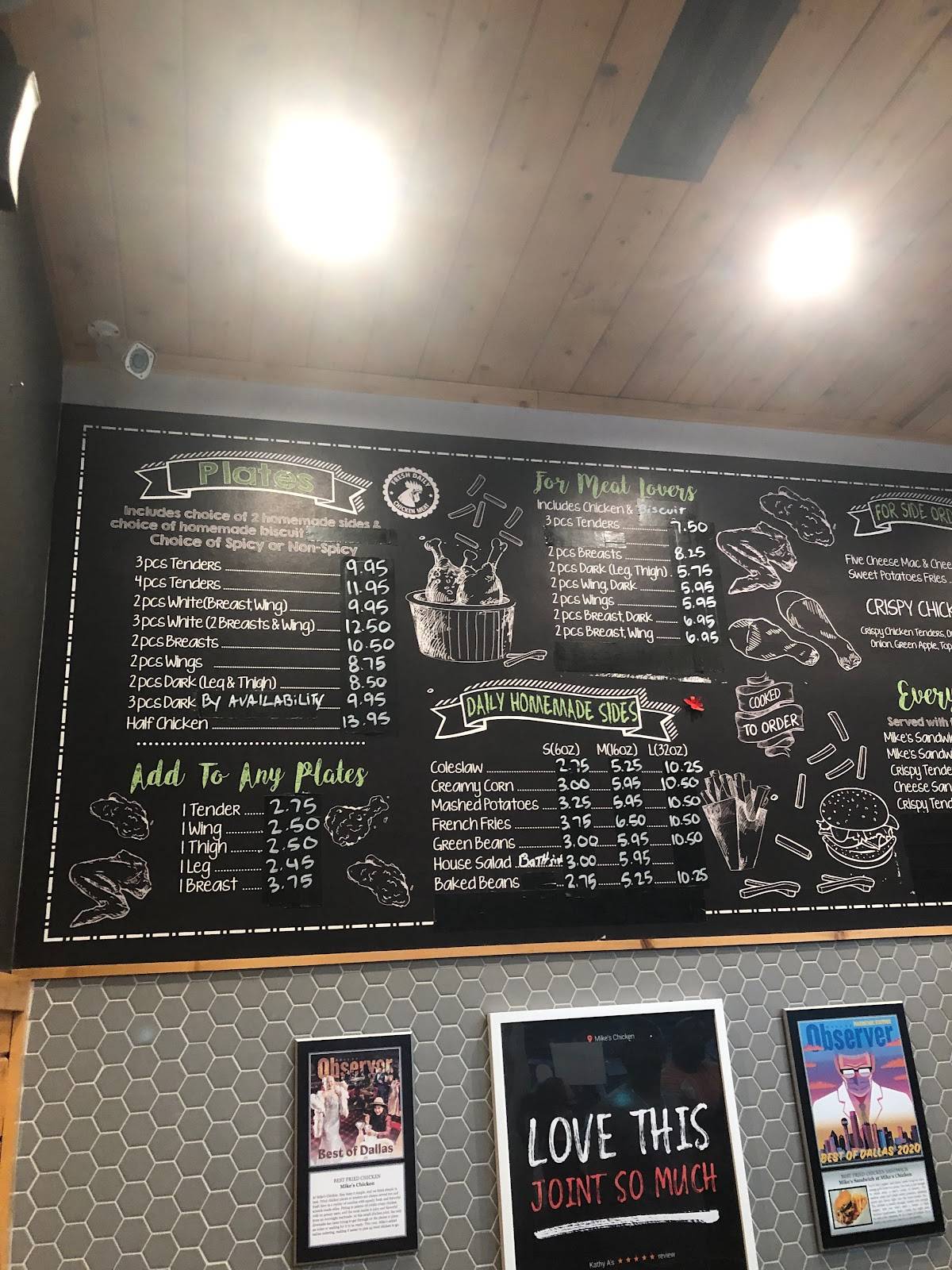 Menu at Mike's Chicken restaurant, Dallas, Maple Ave