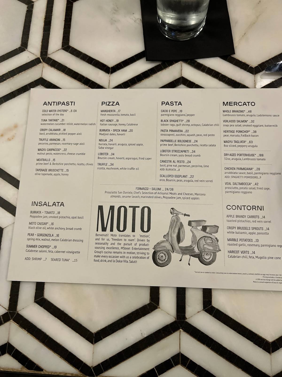 Menu at Moto restaurant, Nashville