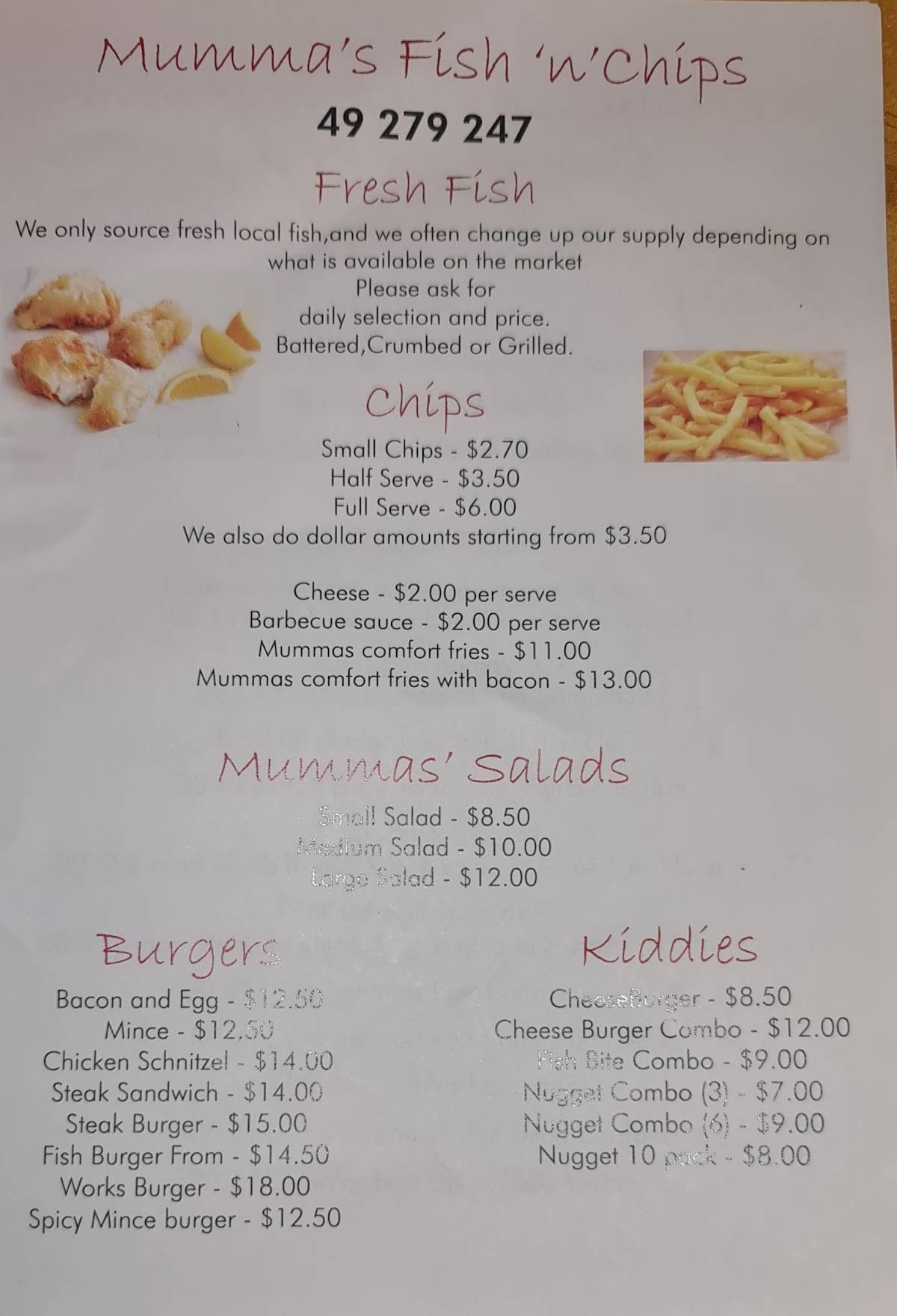 Menu at Mummas Fish 'N' Chips restaurant, Allenstown