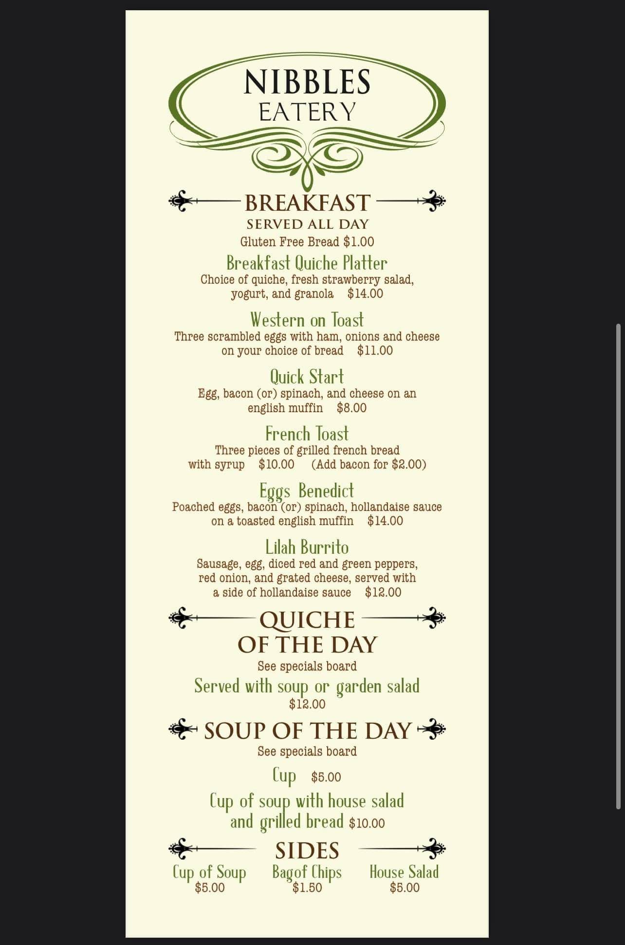Menu at Nibbles Eatery cafe, Eureka Springs