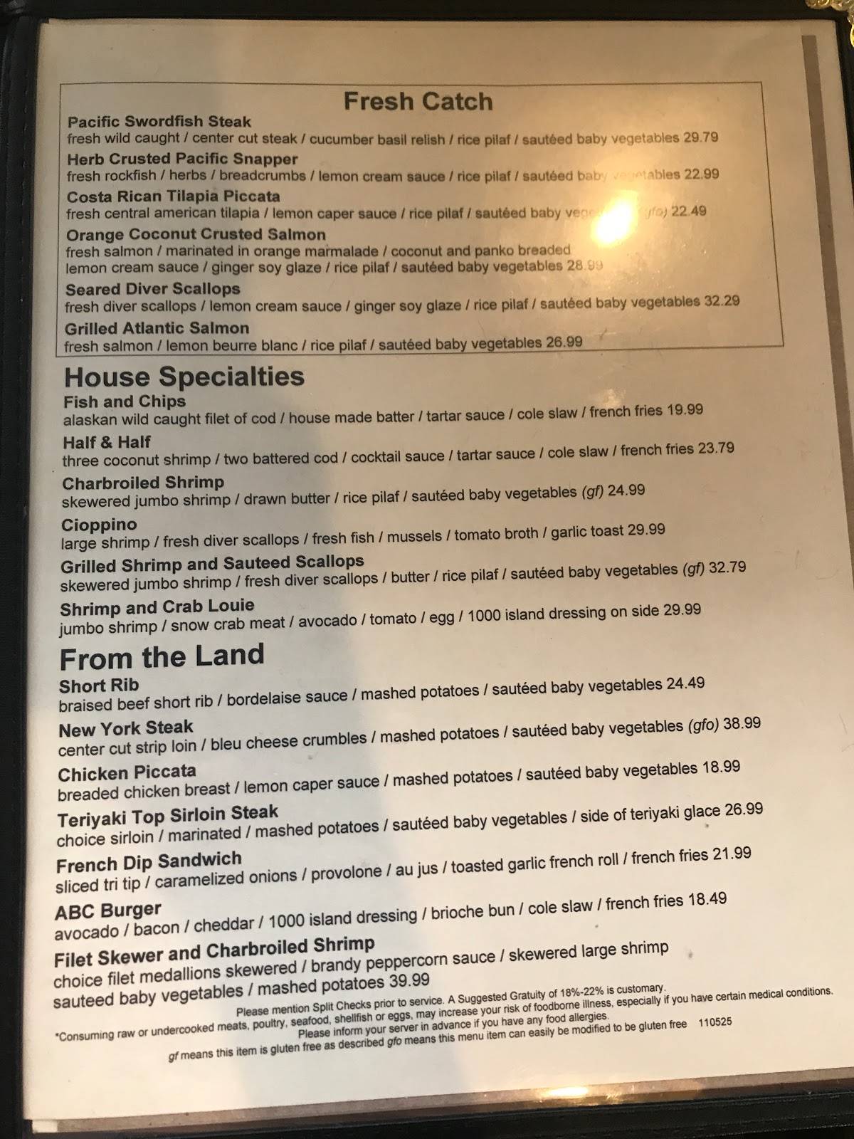 Menu at Oceanside Broiler steakhouse, Oceanside, N Harbor Dr N