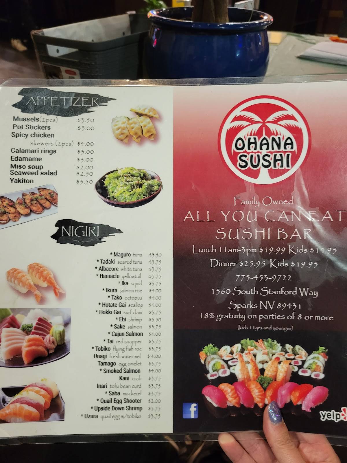 Menu at Ohana Sushi restaurant, Sparks