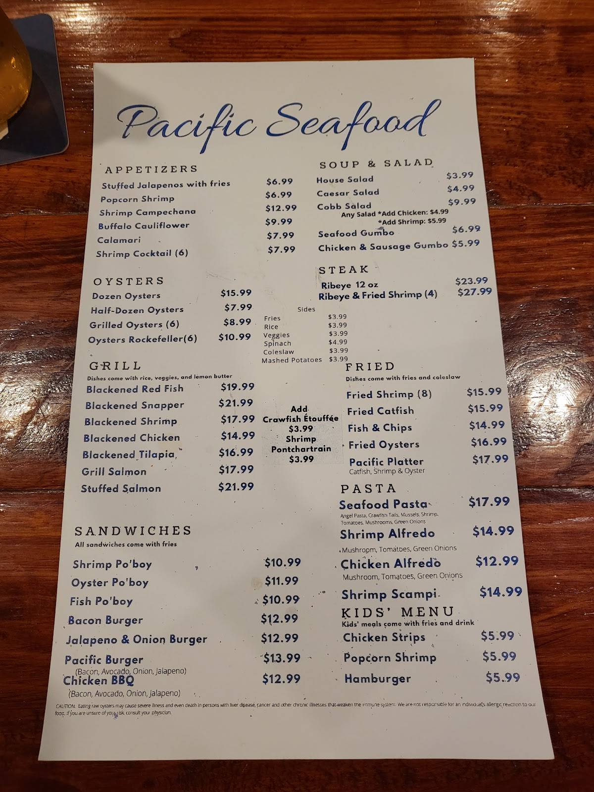 Menu at Pacific Seafood restaurant, San Leon