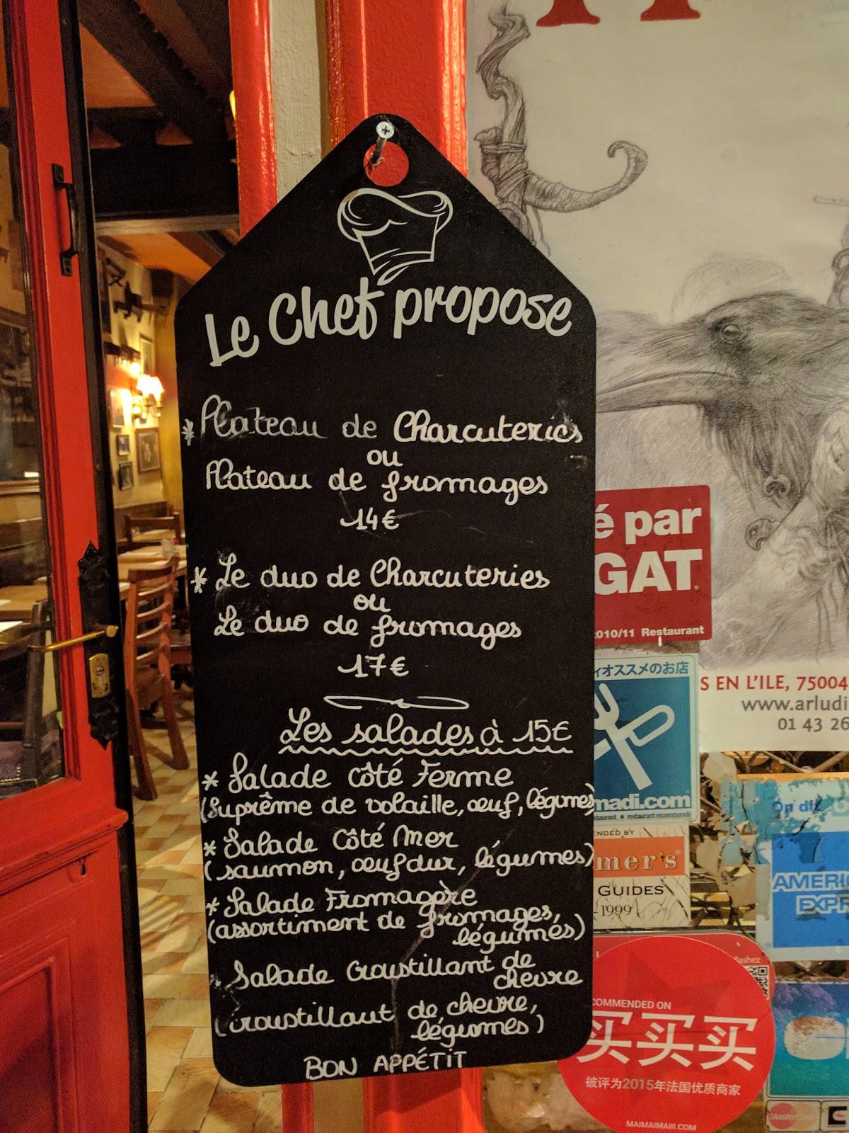 Menu au Auberge de la Reine Blanche restaurant, Paris, 30 Rue Saint