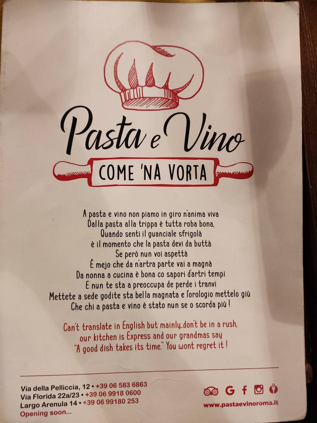 Menu da Pasta e Vino Osteria Torre Argentina ristorante, Roma