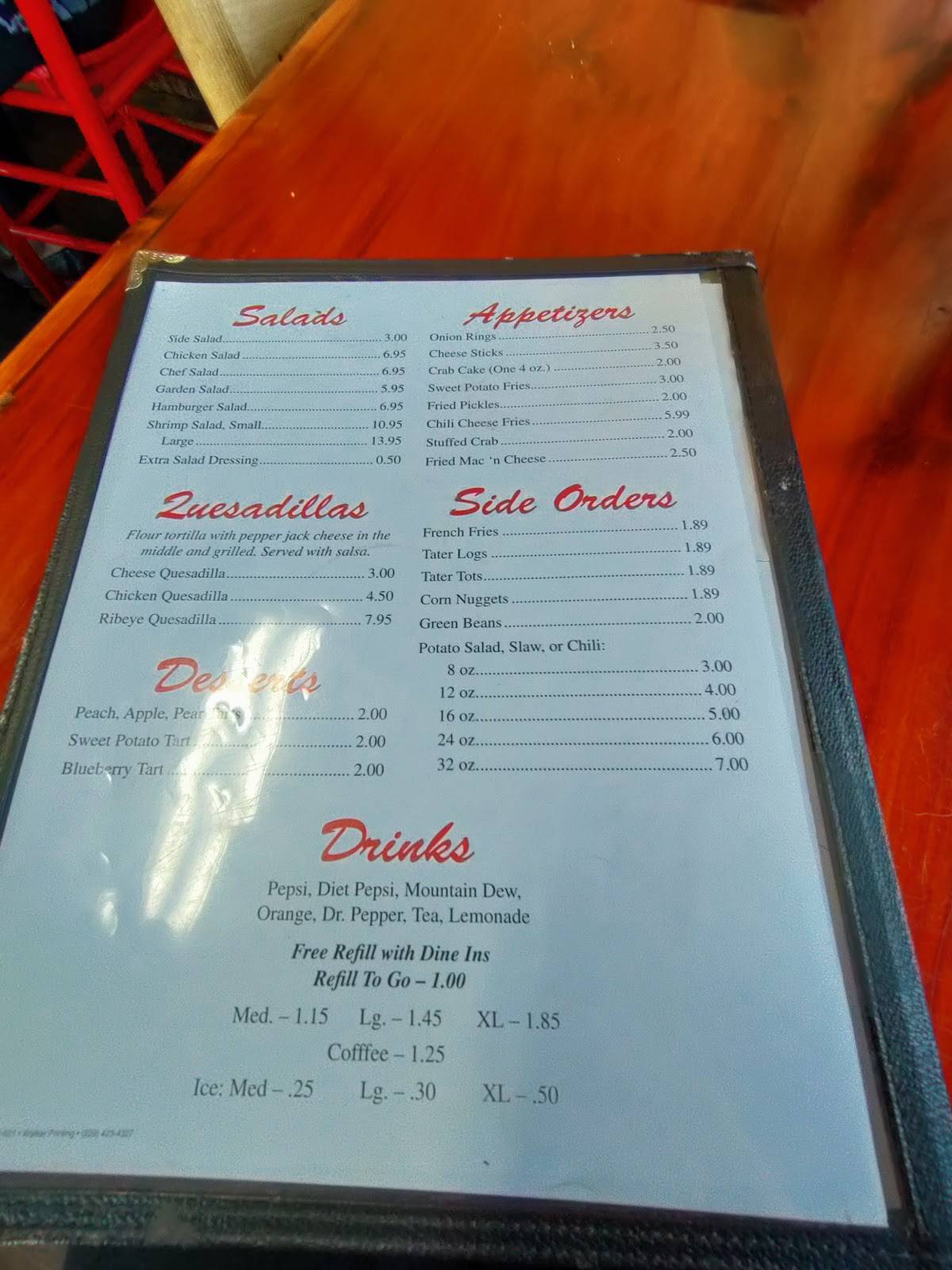 Menu at Peck's Place restaurant, Ocilla