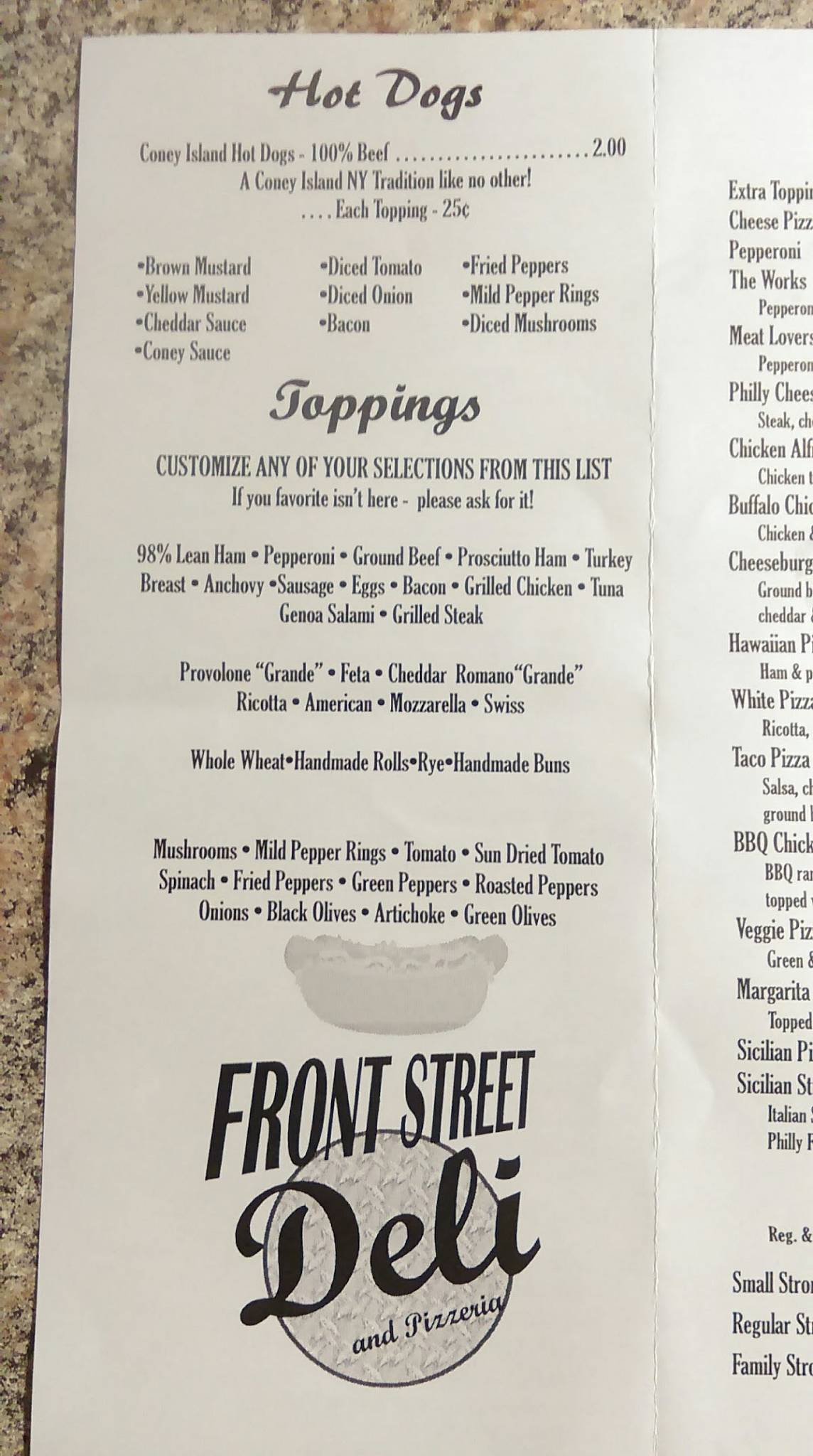 Menu at Front Street Deli of Hollidaysburg PA pizzeria, Hollidaysburg
