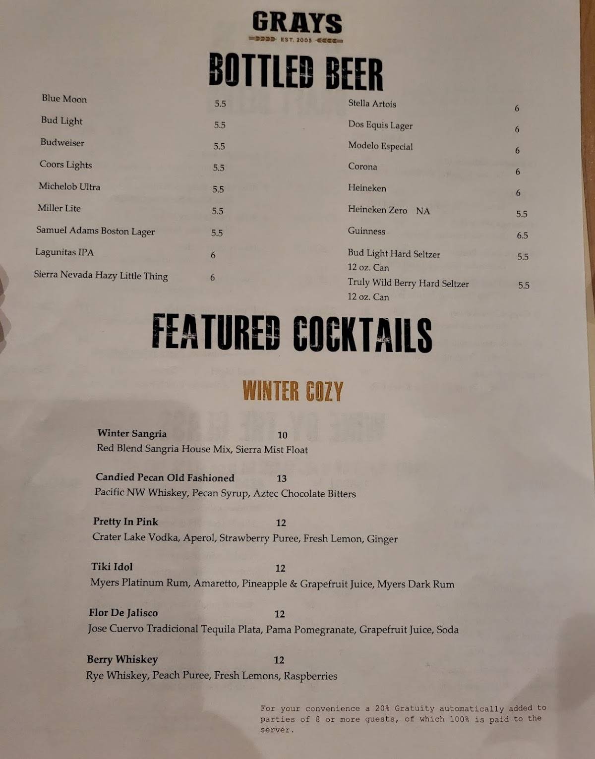 Menu at Grays Restaurant & Bar, Vancouver