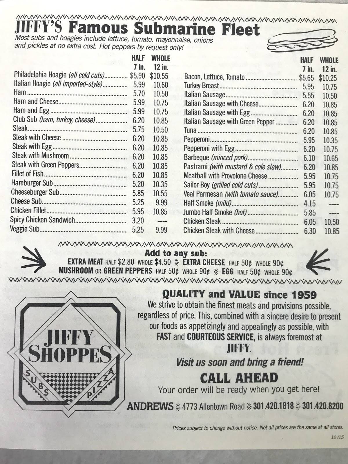 Menu at Jiffy Shoppes pizzeria, Morningside, Allentown Rd