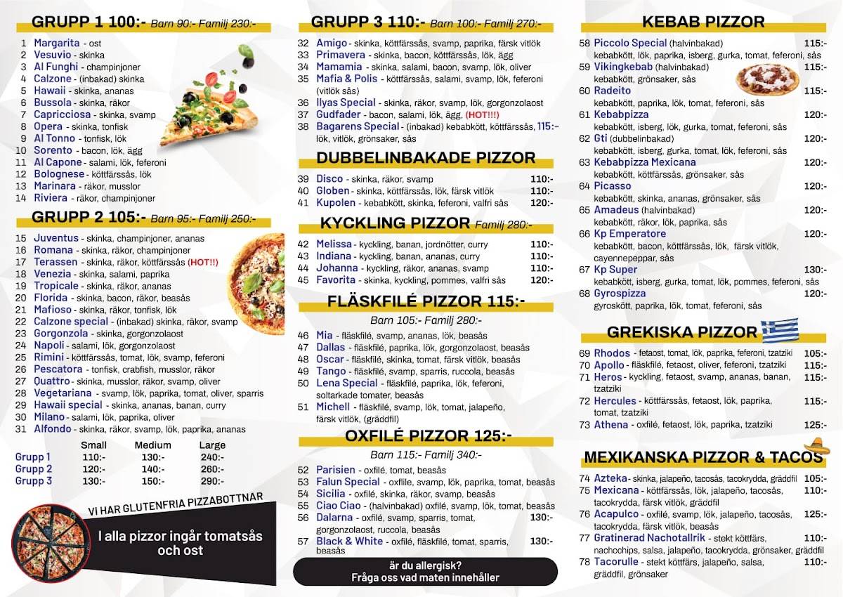 Menu at Pizzeria Piccolo Mondo, Falun