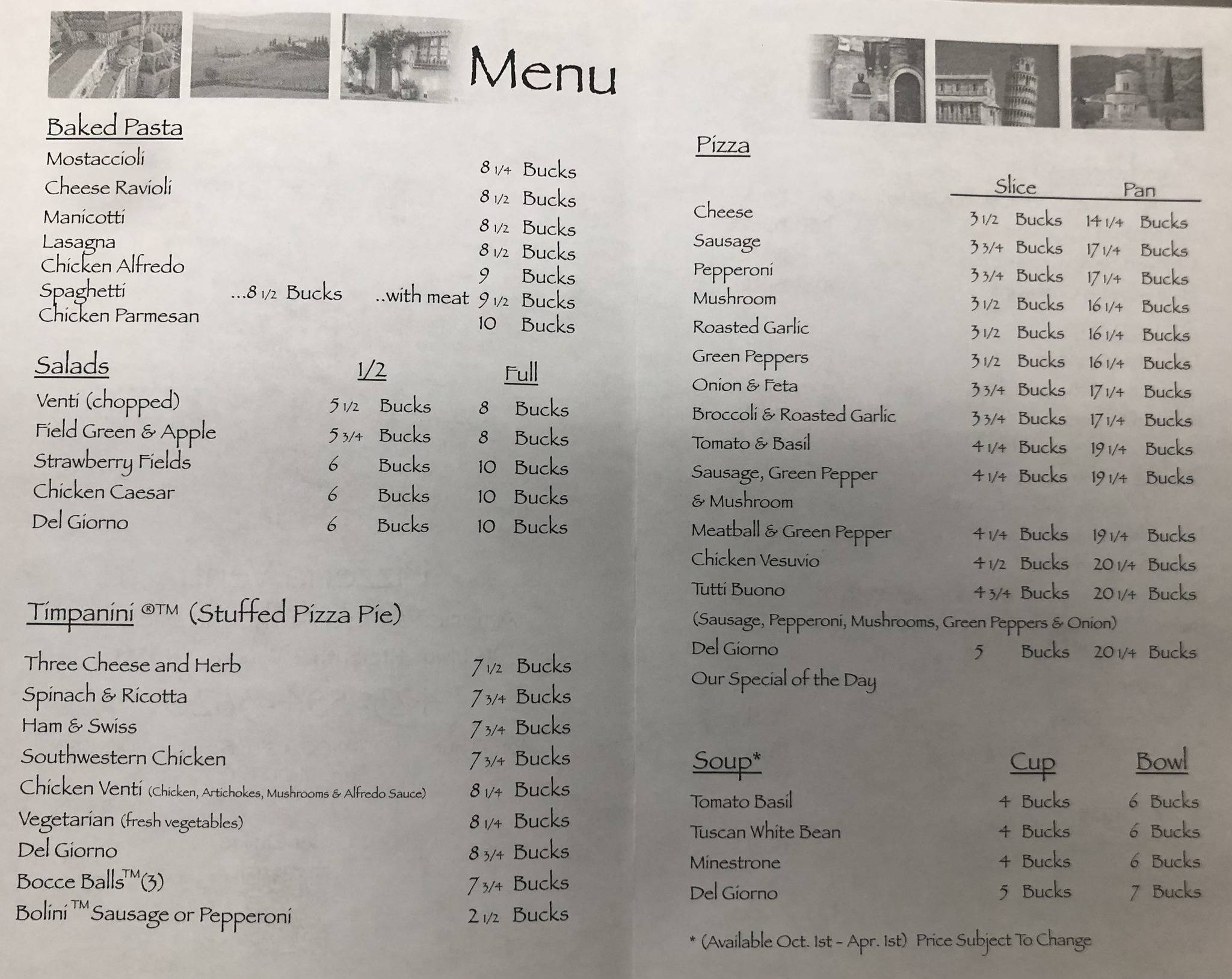Menu at Pizzeria Venti, Vonore
