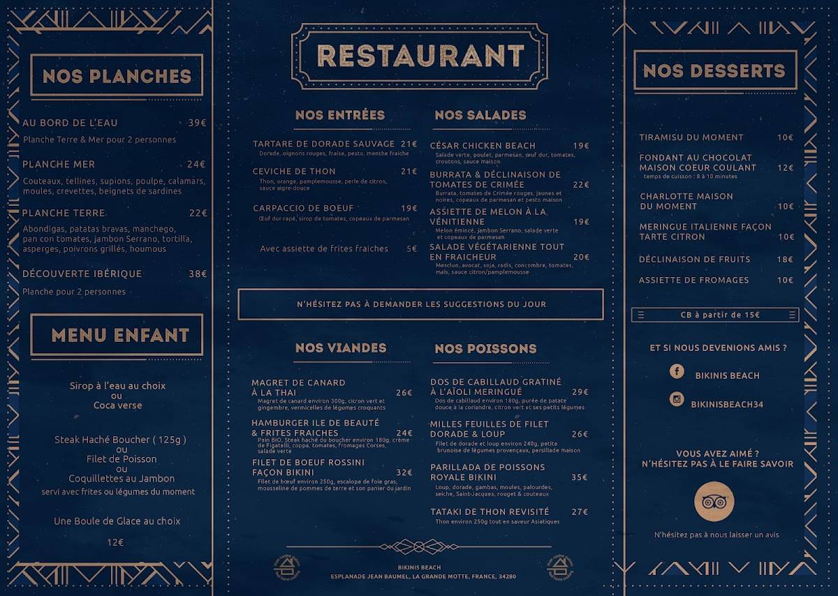Menu au Bikinis Beach restaurant, La GrandeMotte