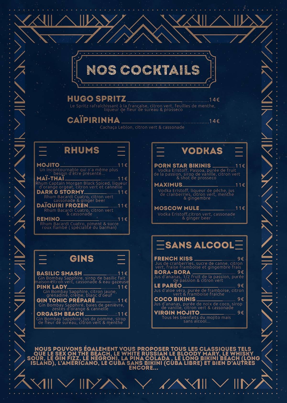 Menu au Bikinis Beach restaurant, La GrandeMotte