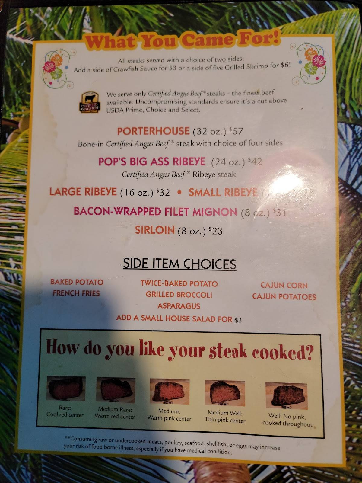 Menu at Pops Place steakhouse, Texarkana, US67