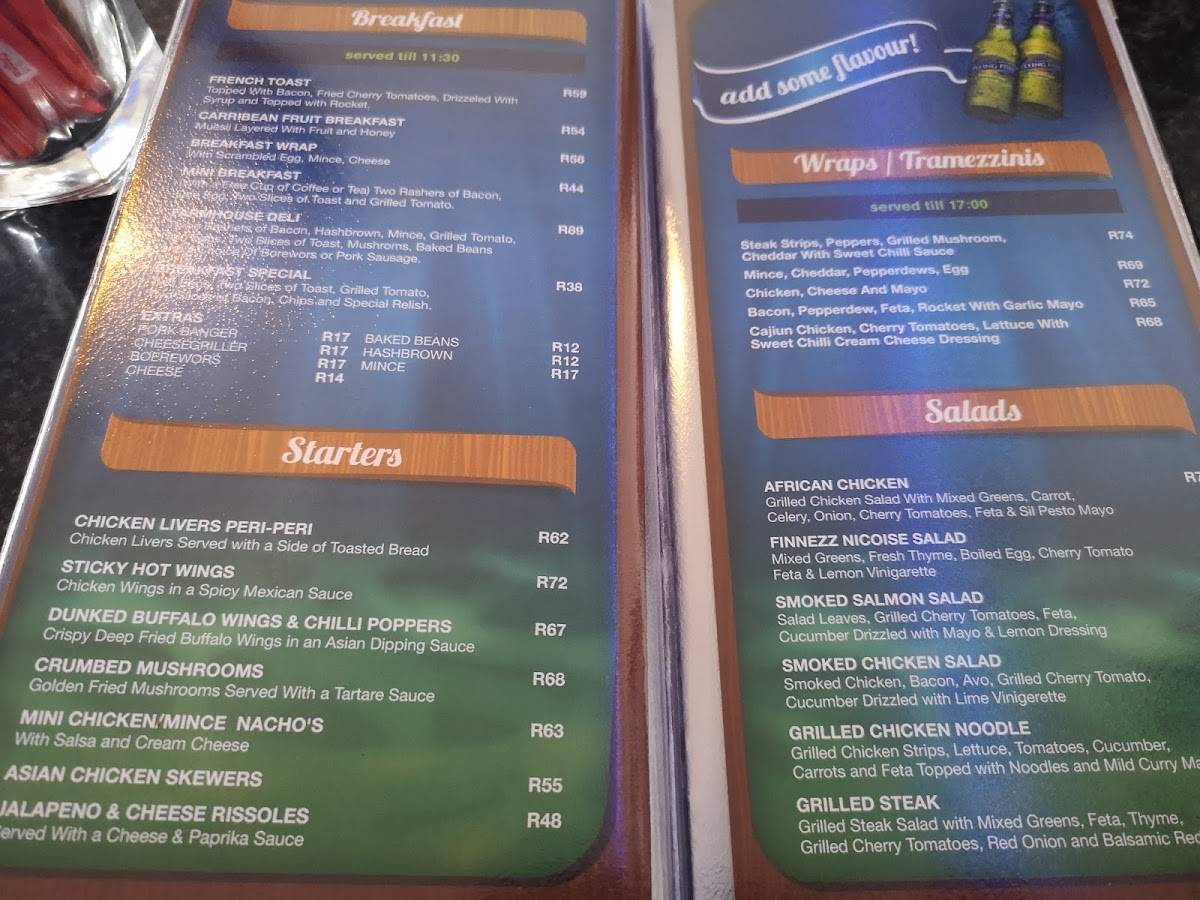 Menu at Finnezz Restaurant & Cocktail Cafe, Port Elizabeth, 7 Oakworth Road