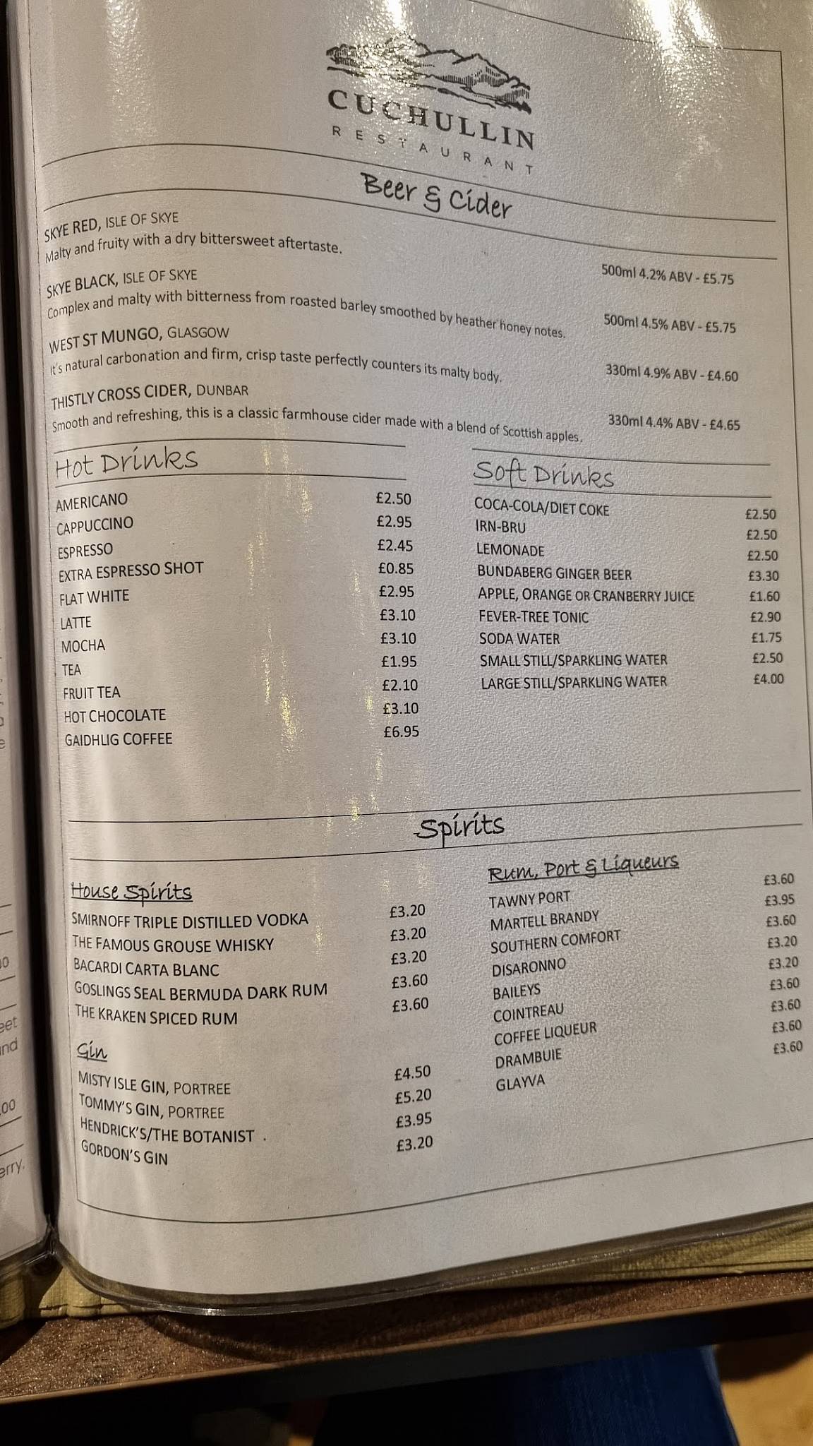 Menu at Cuchullin Restaurant, Portree
