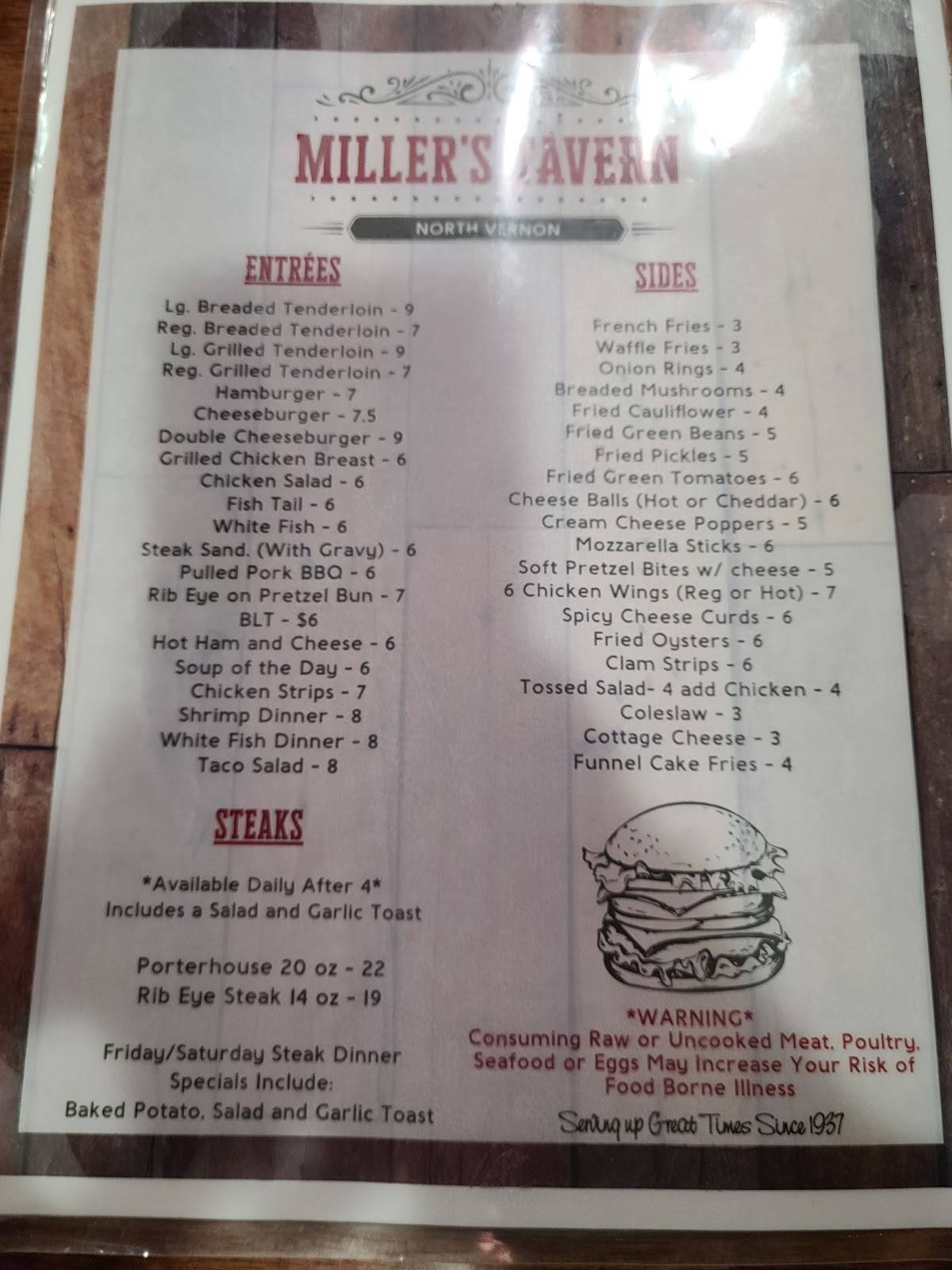 Menu at Miller's Tavern pub & bar, North Vernon