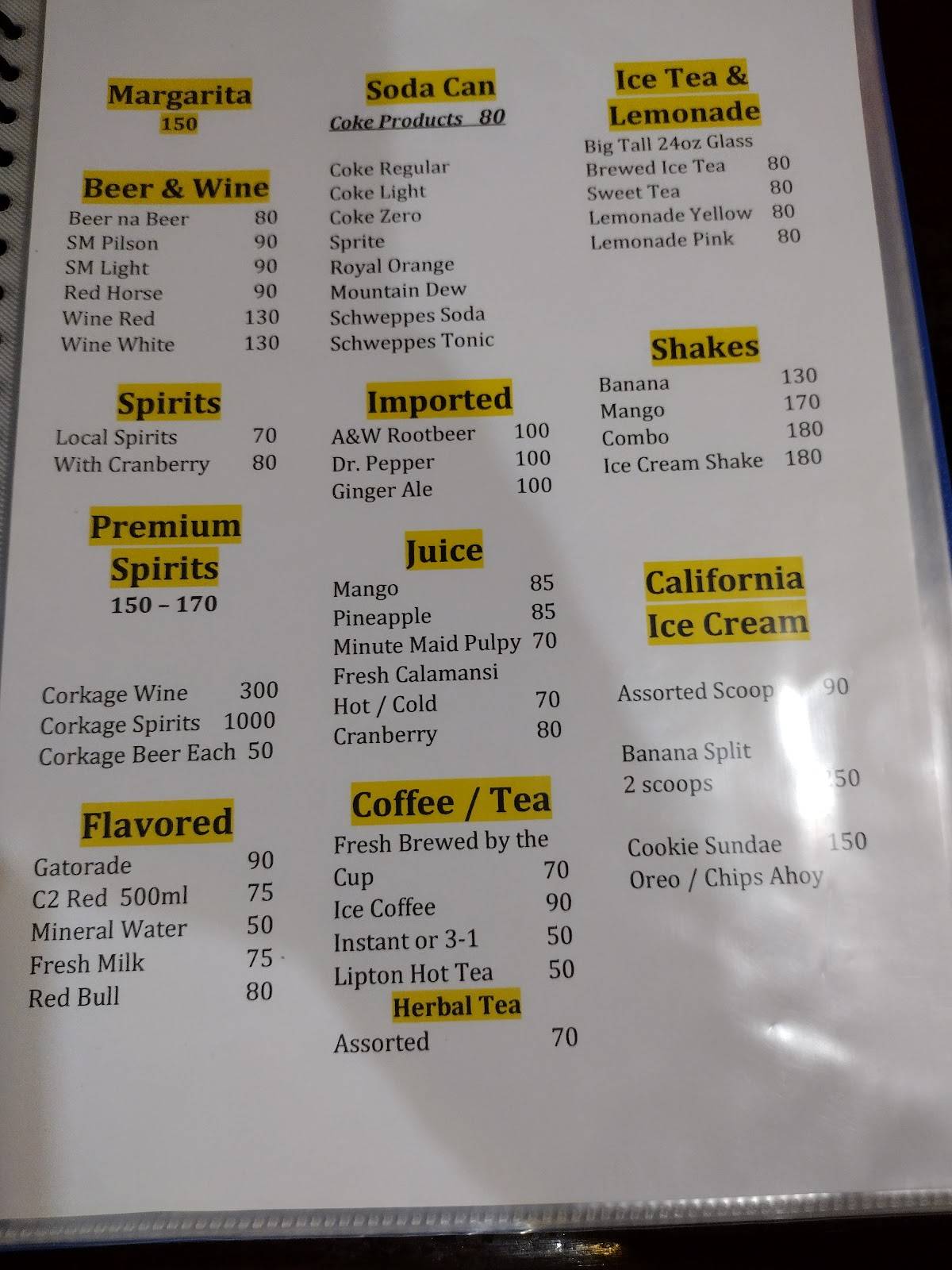 Menu at Sit-n-Bull pub & bar, Olongapo, 58 RH 5 National Hwy