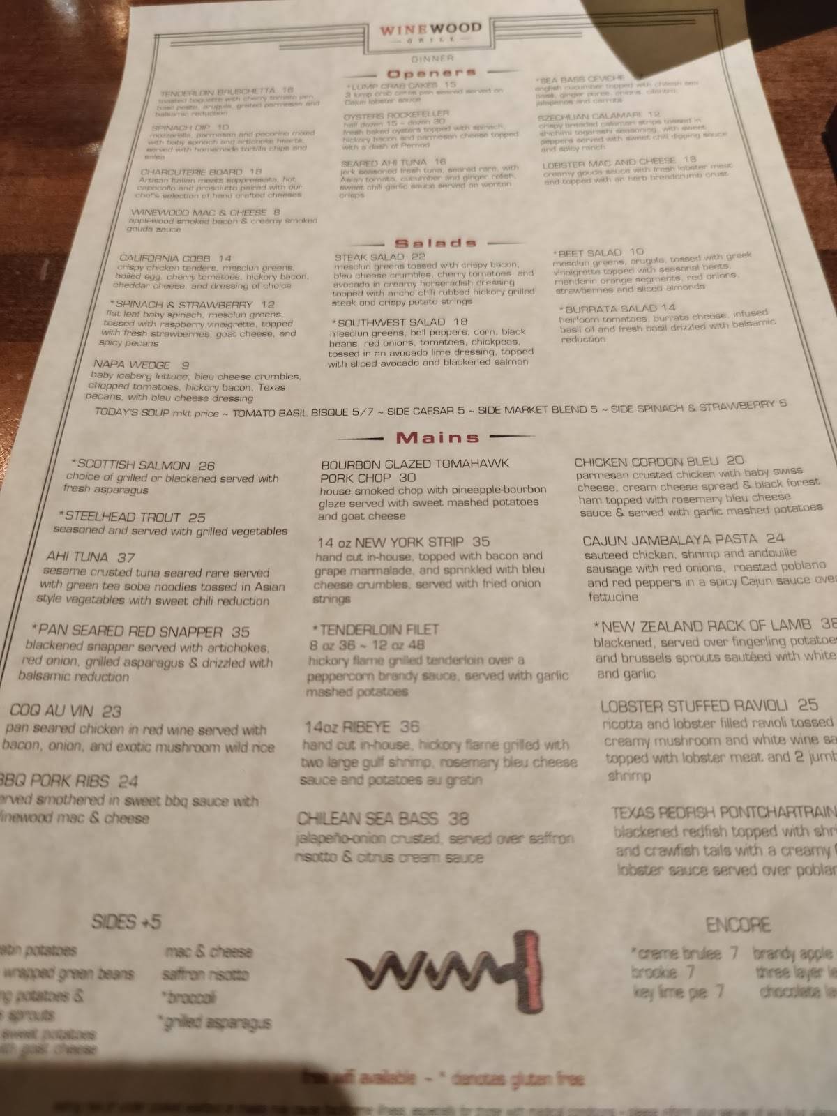 Menu at Winewood Grill pub & bar, Grapevine