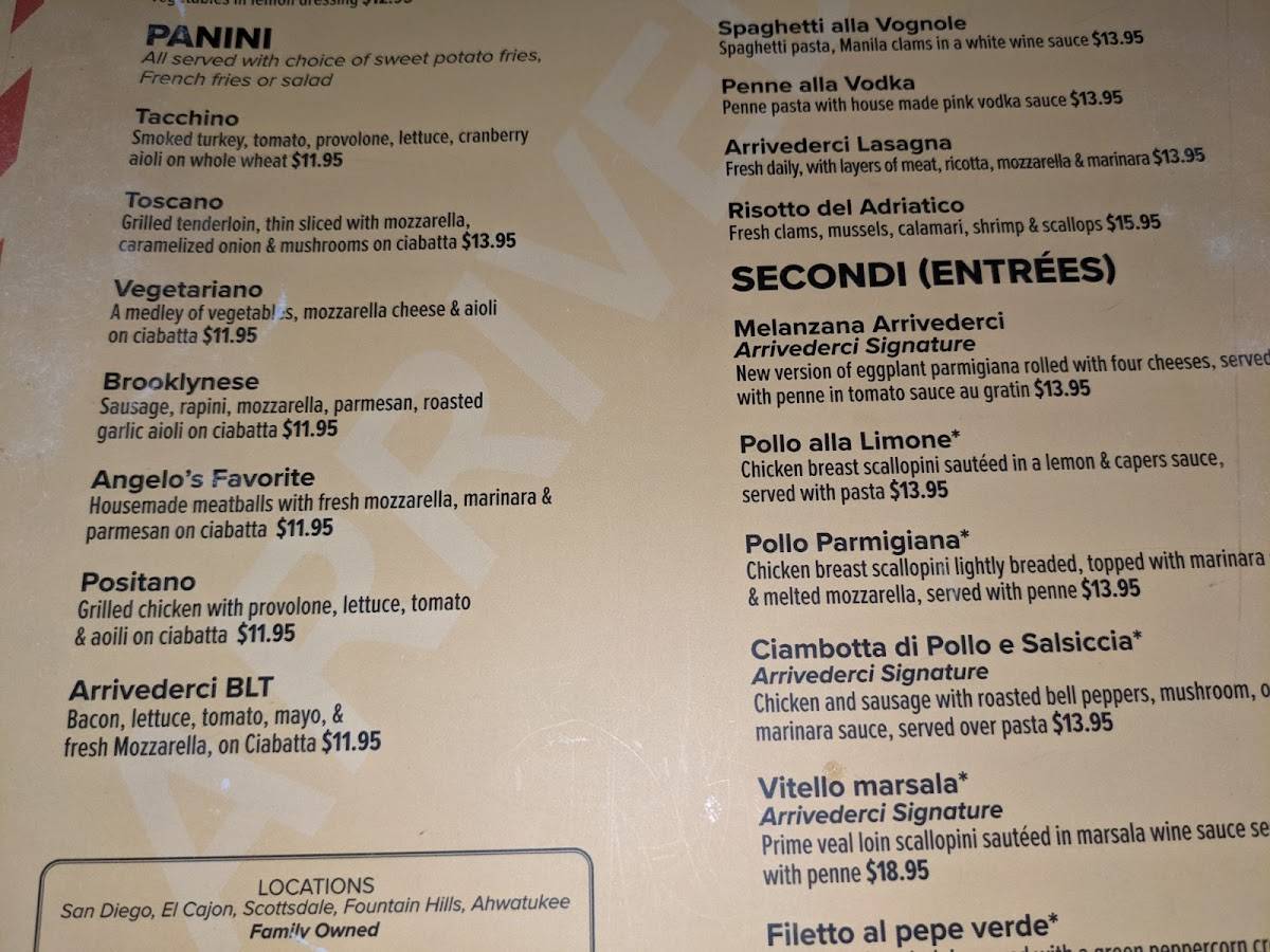 Menu at Arrivederci Cucina Italiana restaurant, Fountain Hills