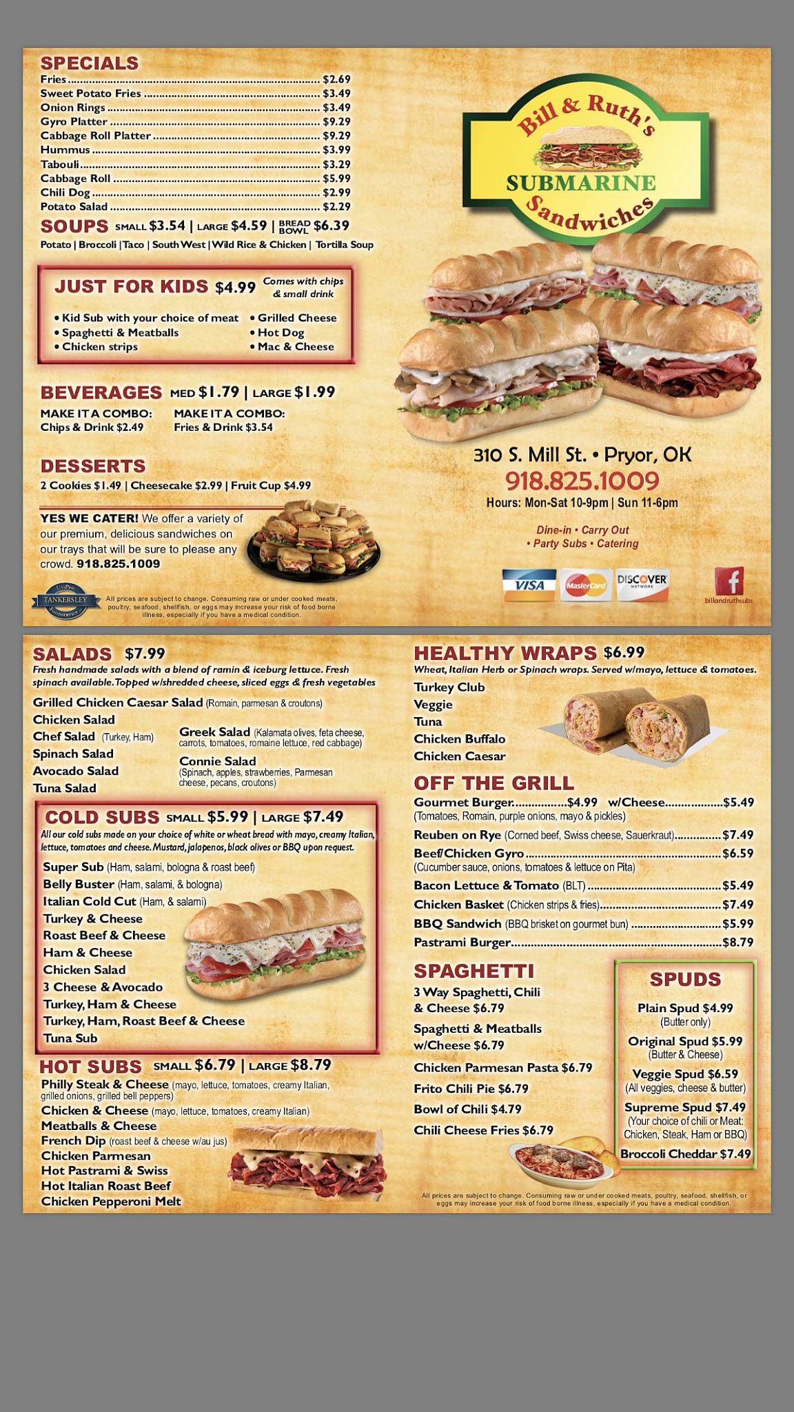 Menu at Bill & Ruth's Subs and Burgers Pryor restaurant, Pryor