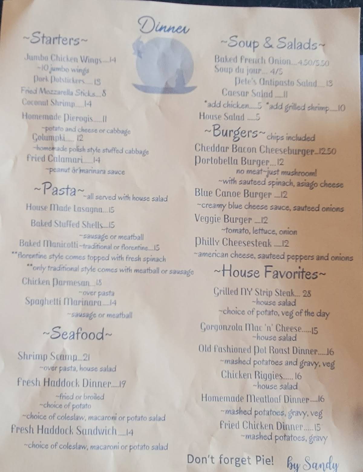 Menu at Blue Canoe Grill restaurant, Erieville, N Lake Rd
