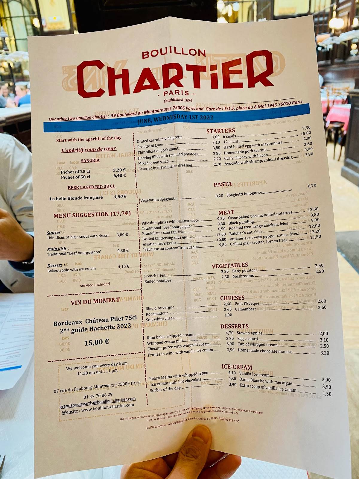 Menu at Bouillon Chartier Grands Boulevards restaurant, Paris, 7 Rue du