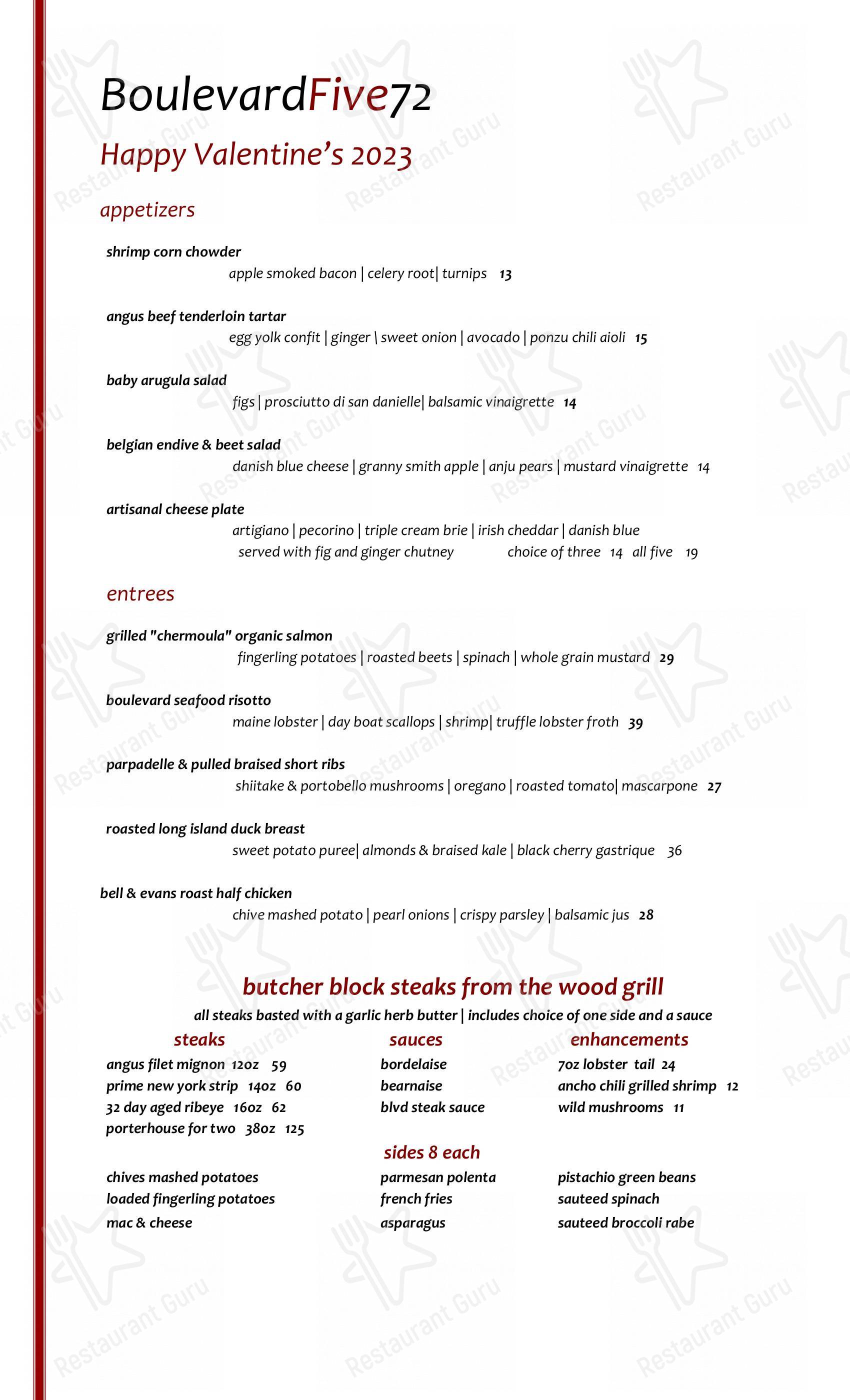 Menu at Boulevard Five72 restaurant, Kenilworth