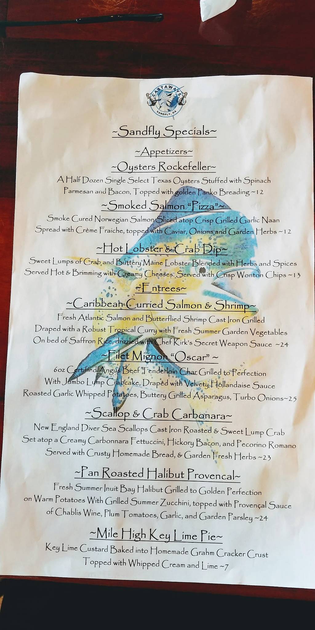 Menu At Castaways Restaurant Savannah Skidaway Rd