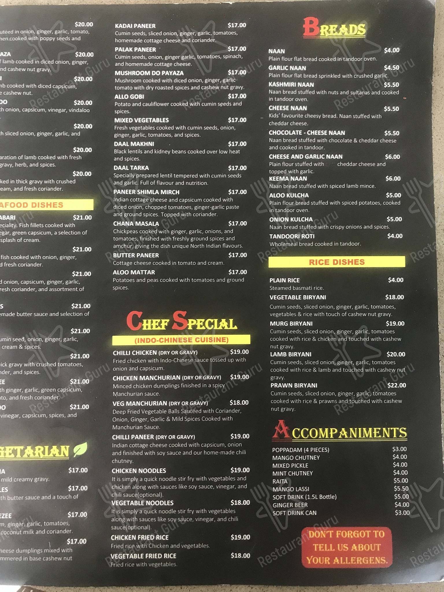 Menu at Cinnamon Spice Indian Cuisine restaurant, Lincoln