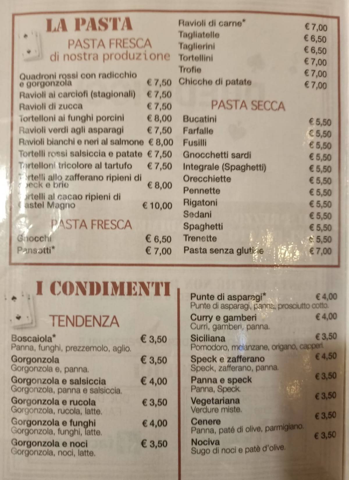 Menu da Due di Picche Pasta e Basta ristorante, Genova