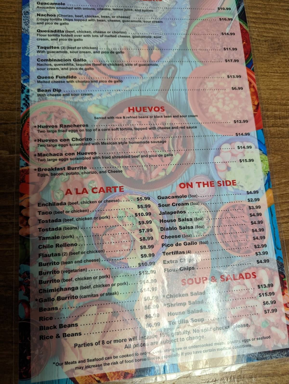 Menu at El Gallo Restaurant, Rancho Murieta