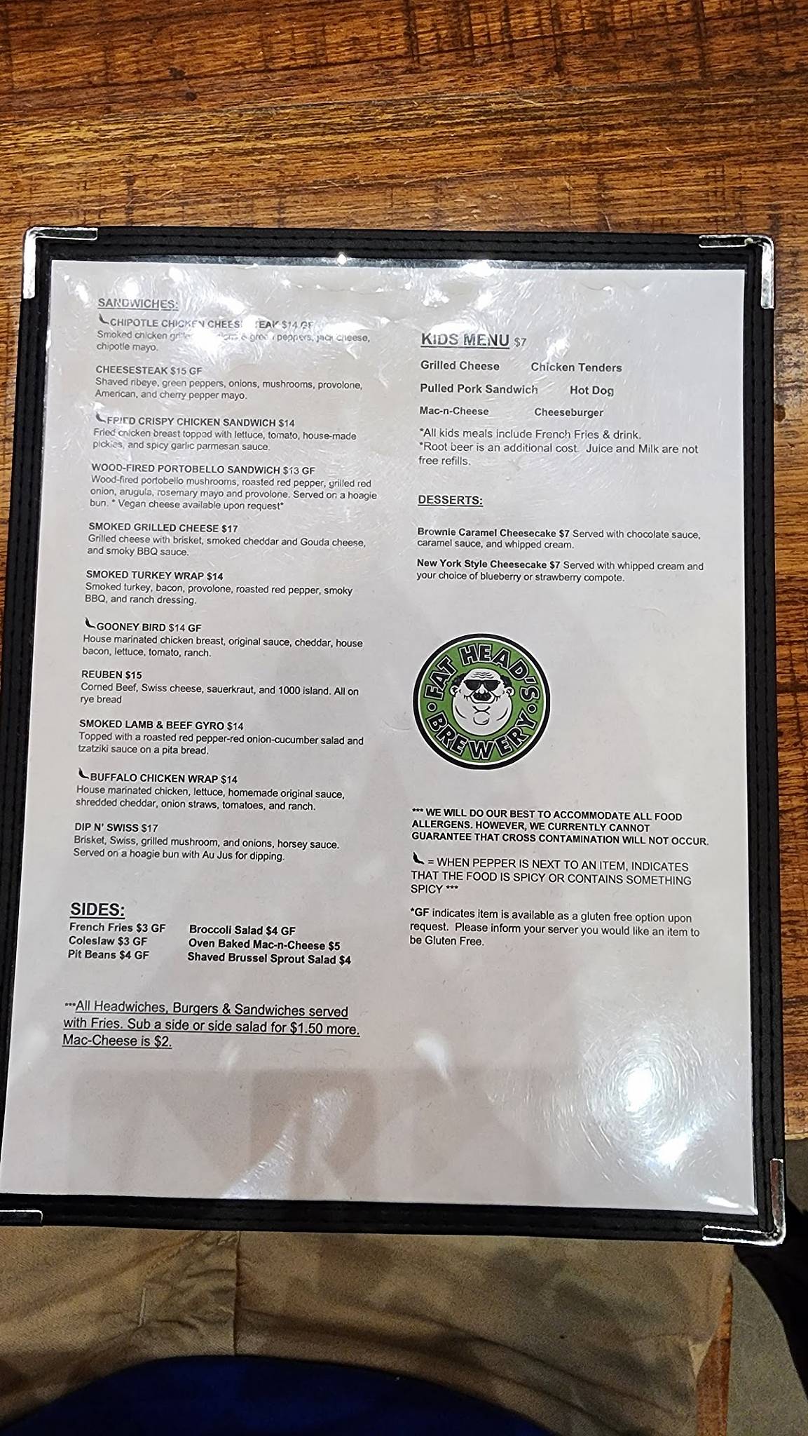 Menu at Fat Head's Brewery restaurant, Middleburg Heights