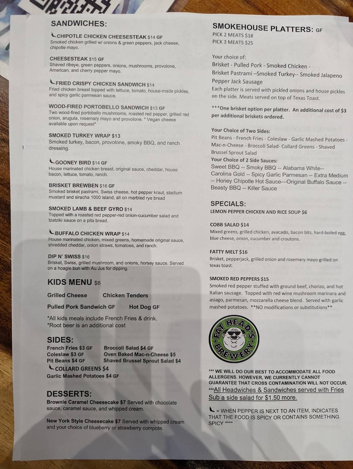 Menu at Fat Head's Brewery restaurant, Middleburg Heights