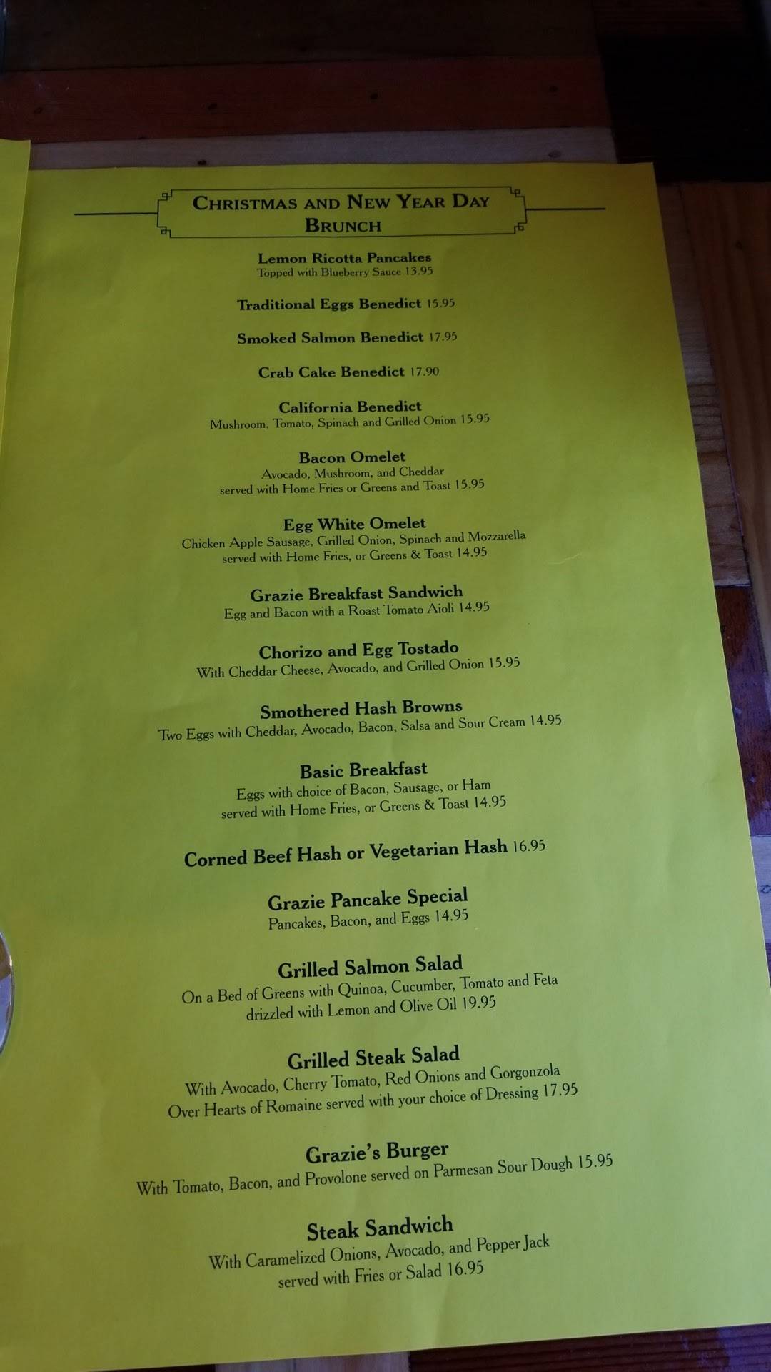 Menu at Grazie Restaurant, Novato
