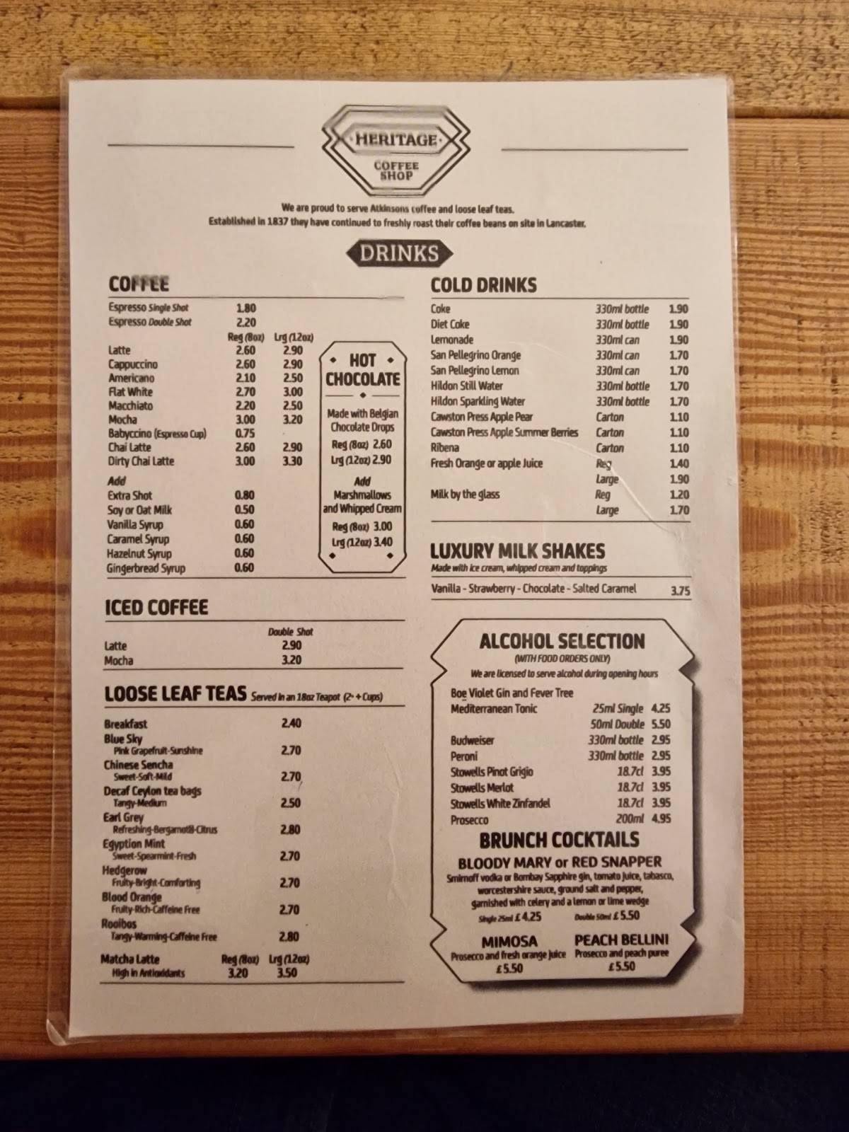 Menu at Heritage Coffee Shop restaurant, Blackpool
