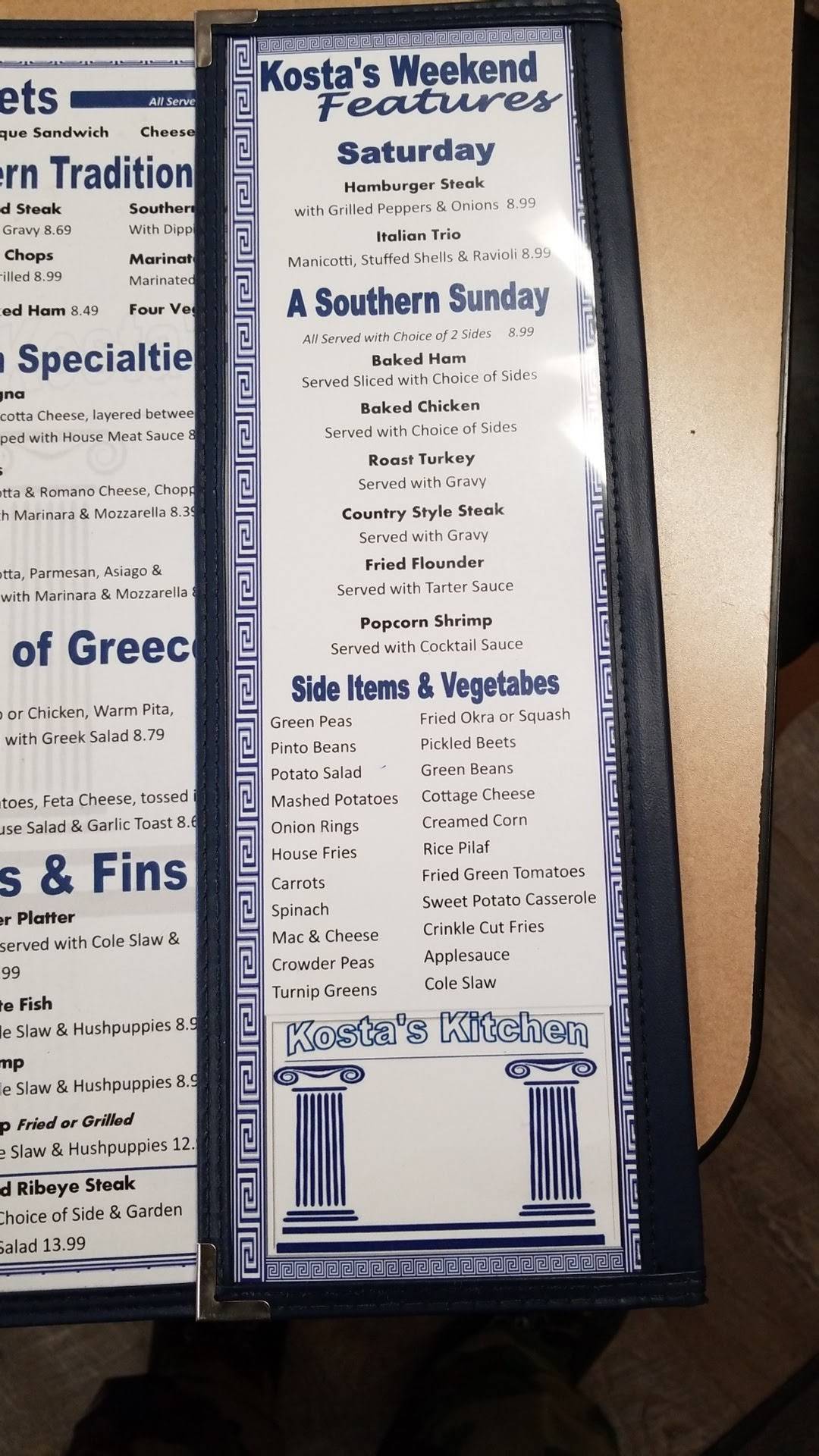 Menu at Kosta's Kitchen restaurant, Fletcher, Hendersonville Rd