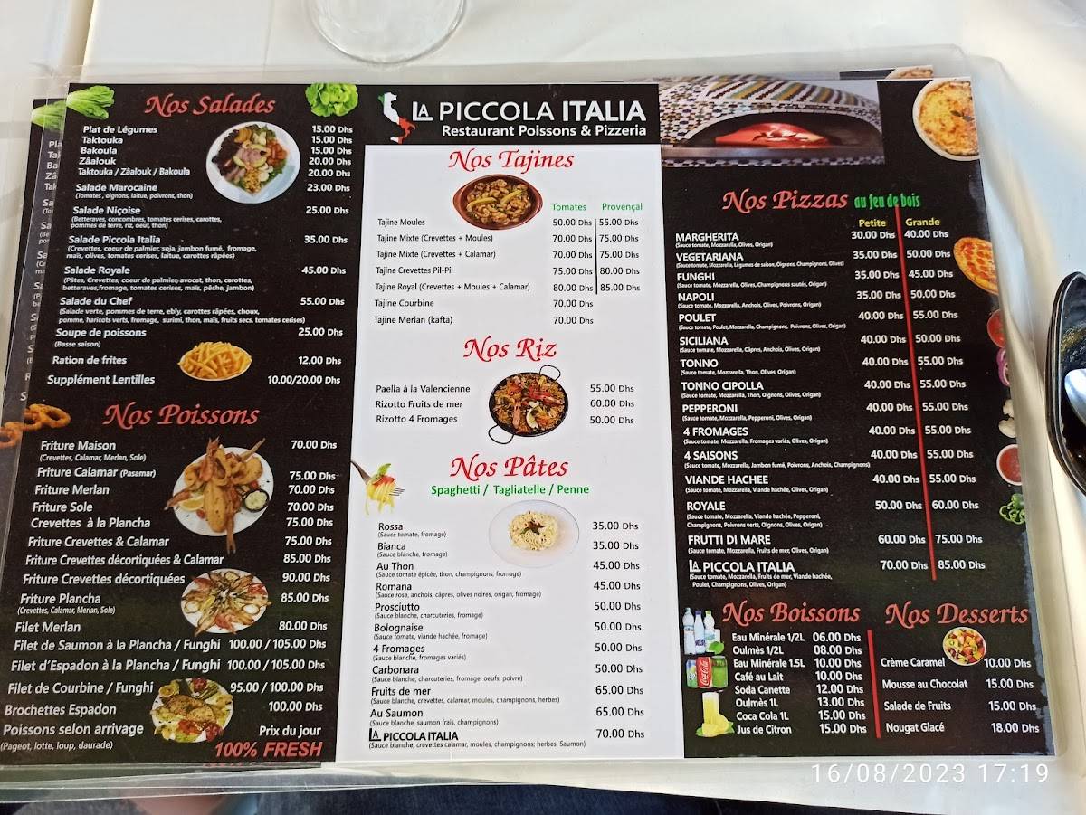Menu au La Piccola Italia restaurant, Rabat