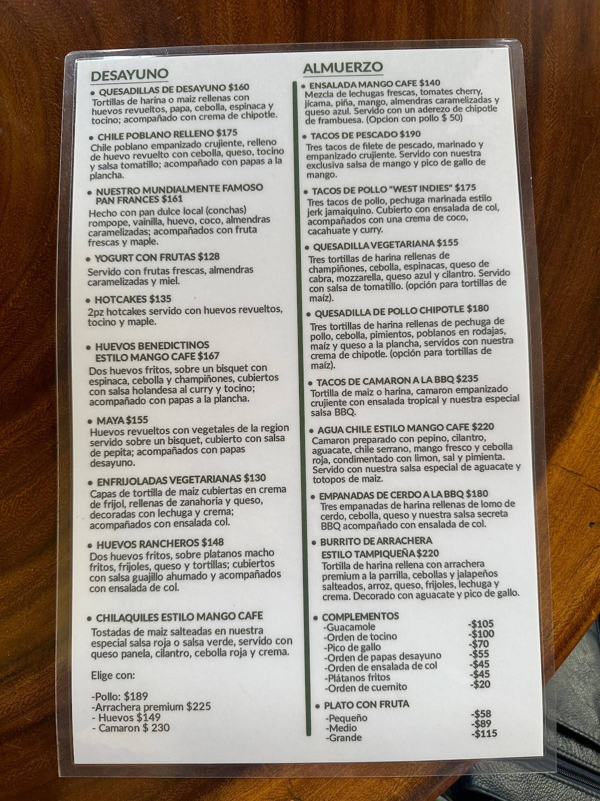 Menu at Mango Cafe, Isla Mujeres