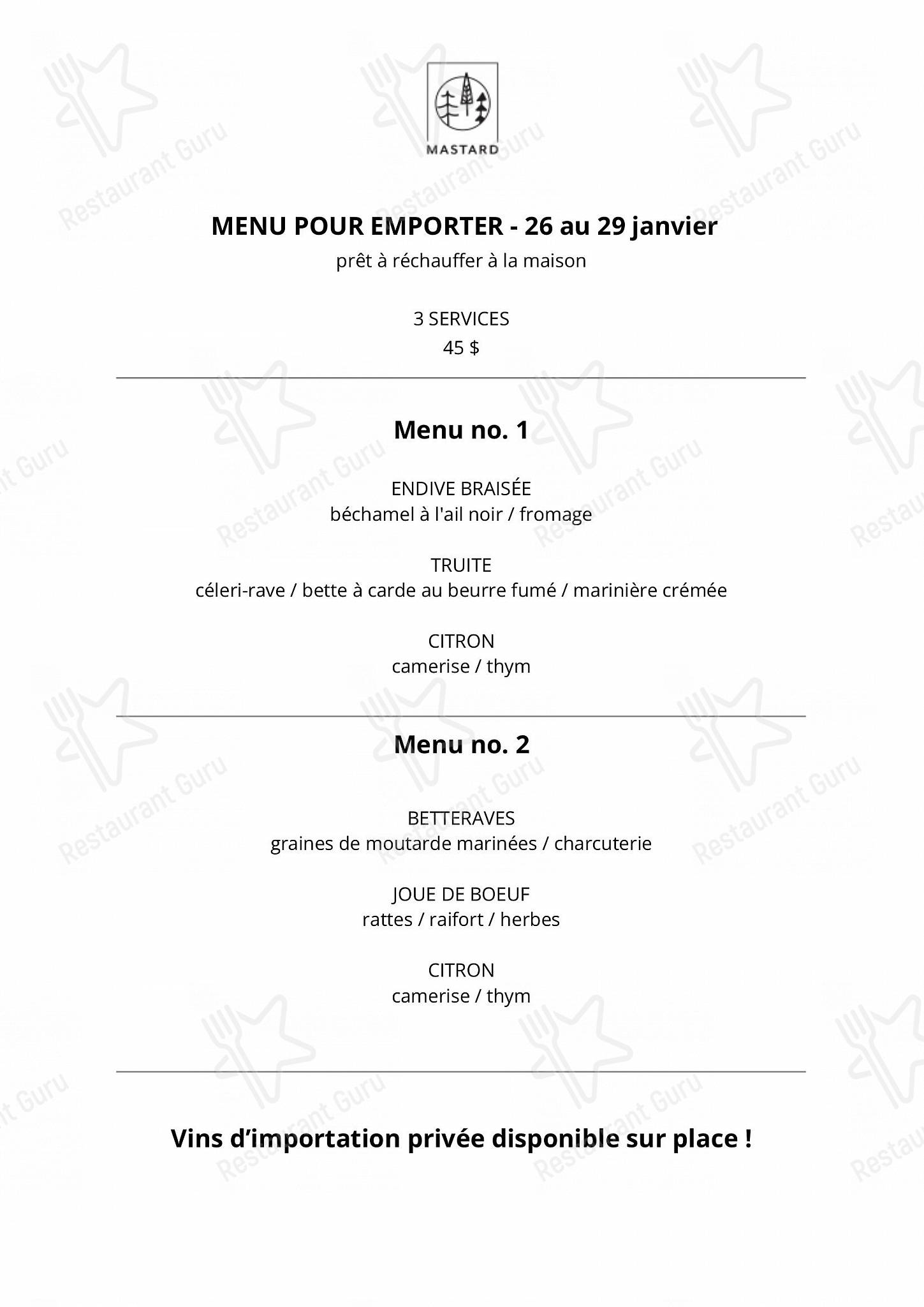 Menu au Restaurant Mastard, Montréal