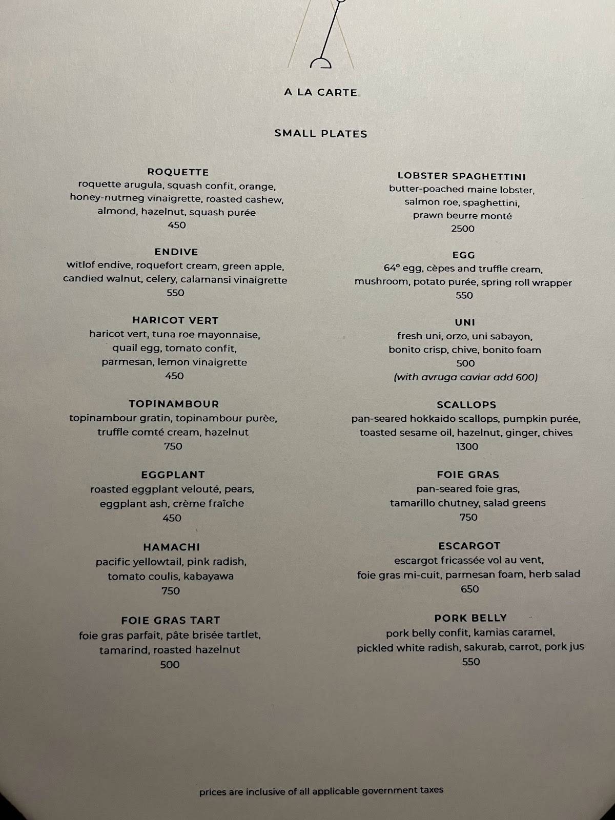 Menu at Metronome restaurant, Makati