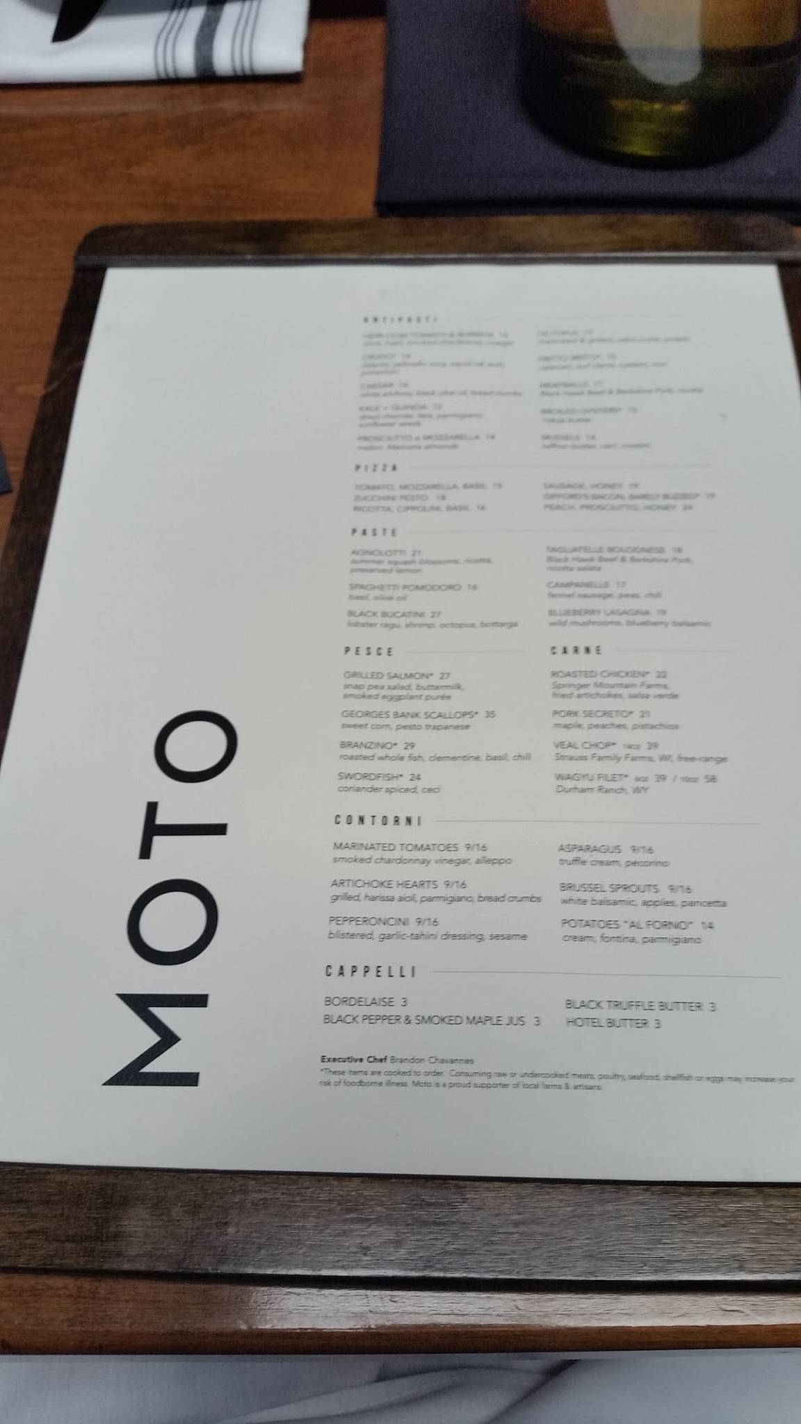 menu du restaurant moto