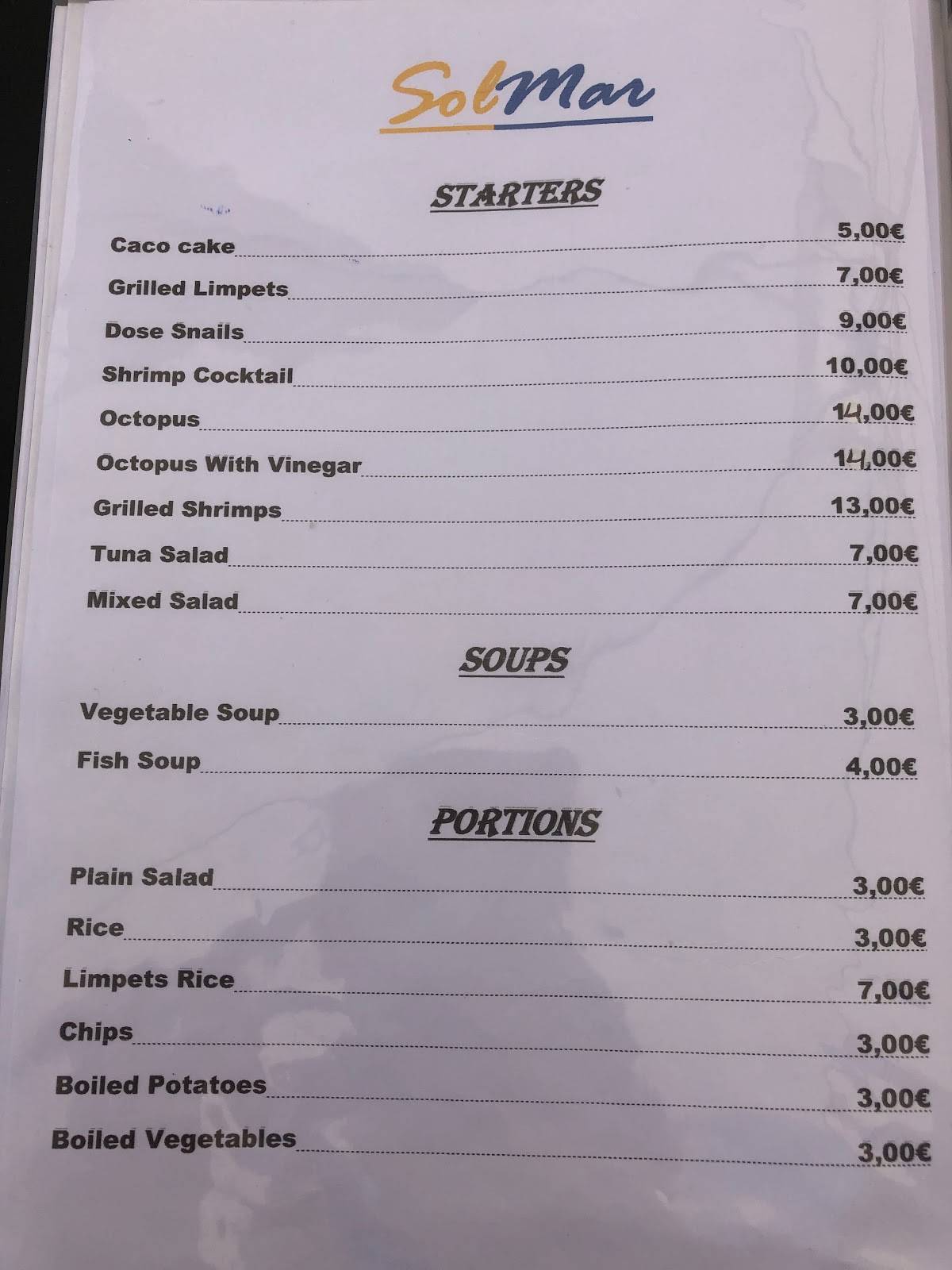 Menu em Restaurante SolMar, Seixal