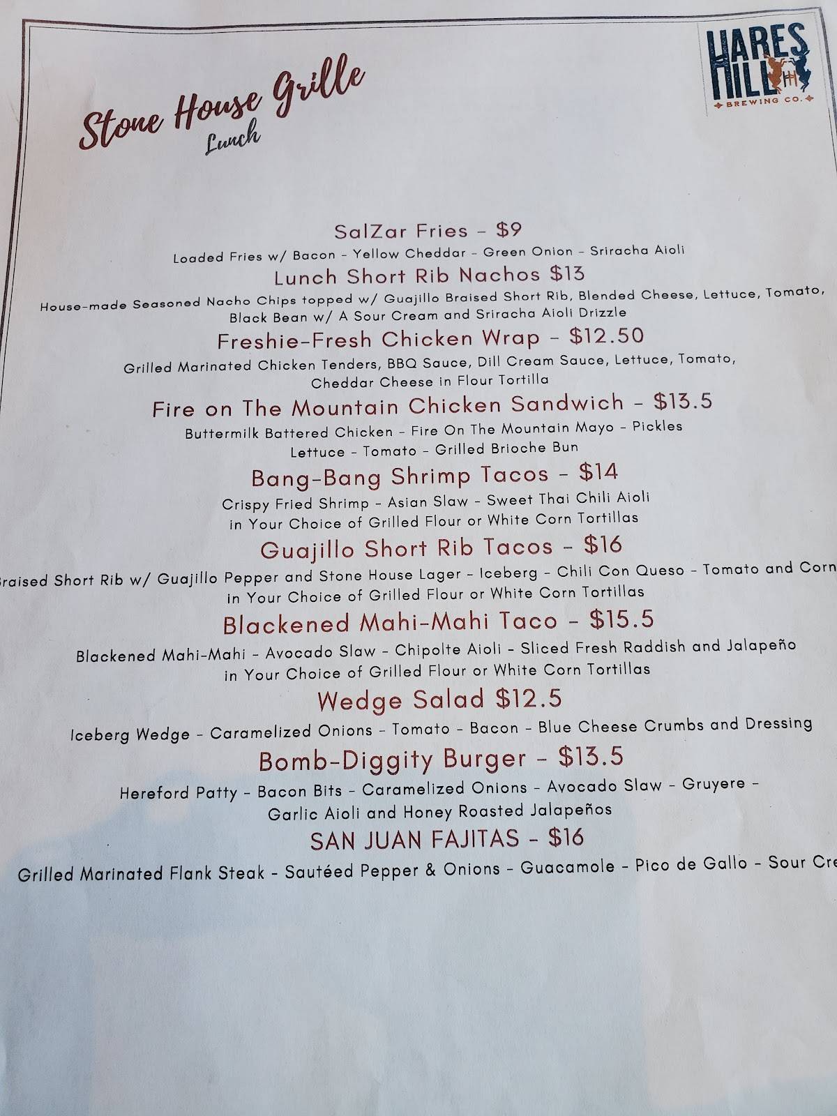 Menu at Stone House Grille restaurant, Kimberton, Hares Hill Rd
