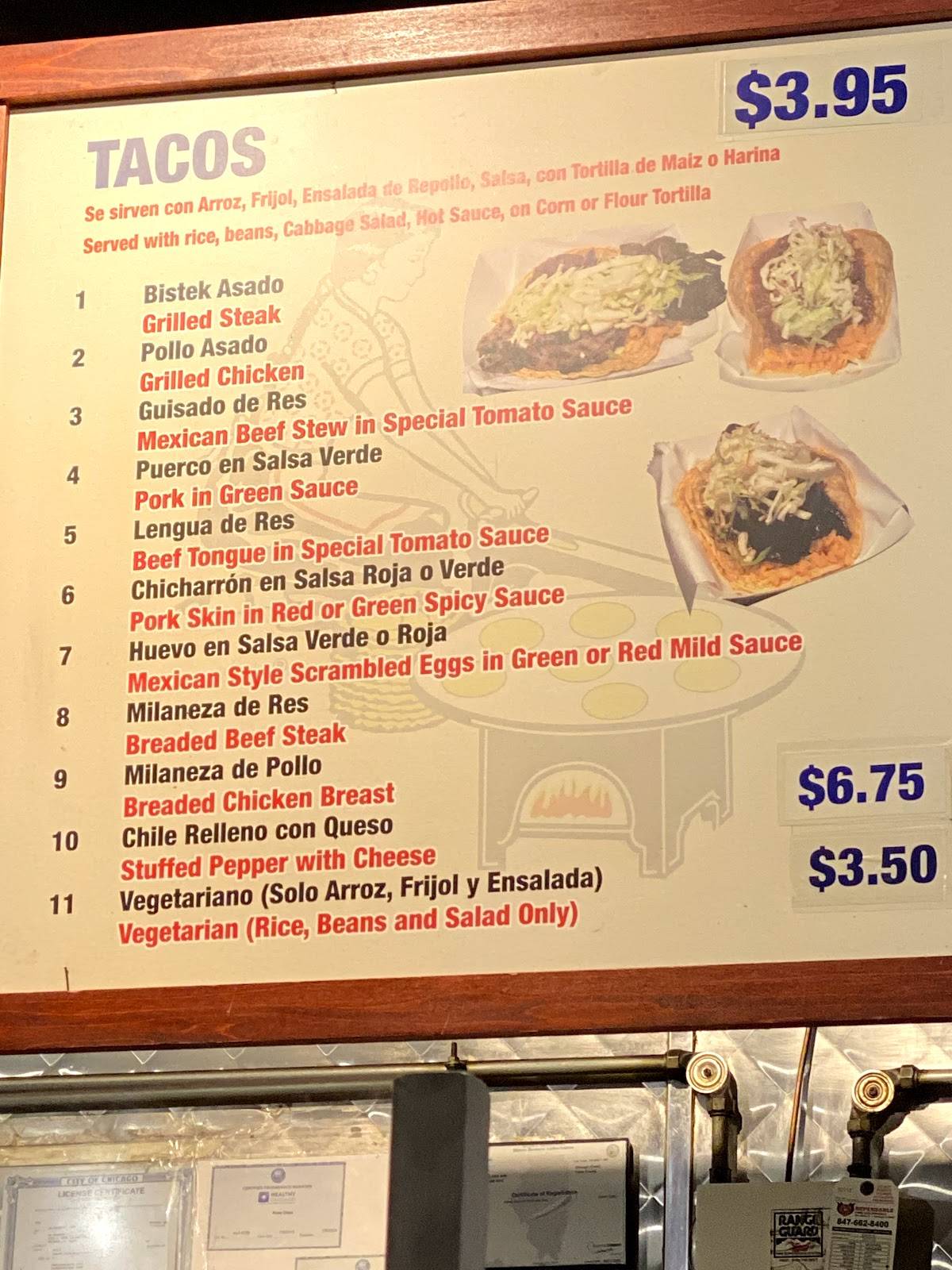 Menu at Taqueria El Milagro restaurant, Chicago, S Blue Island Ave